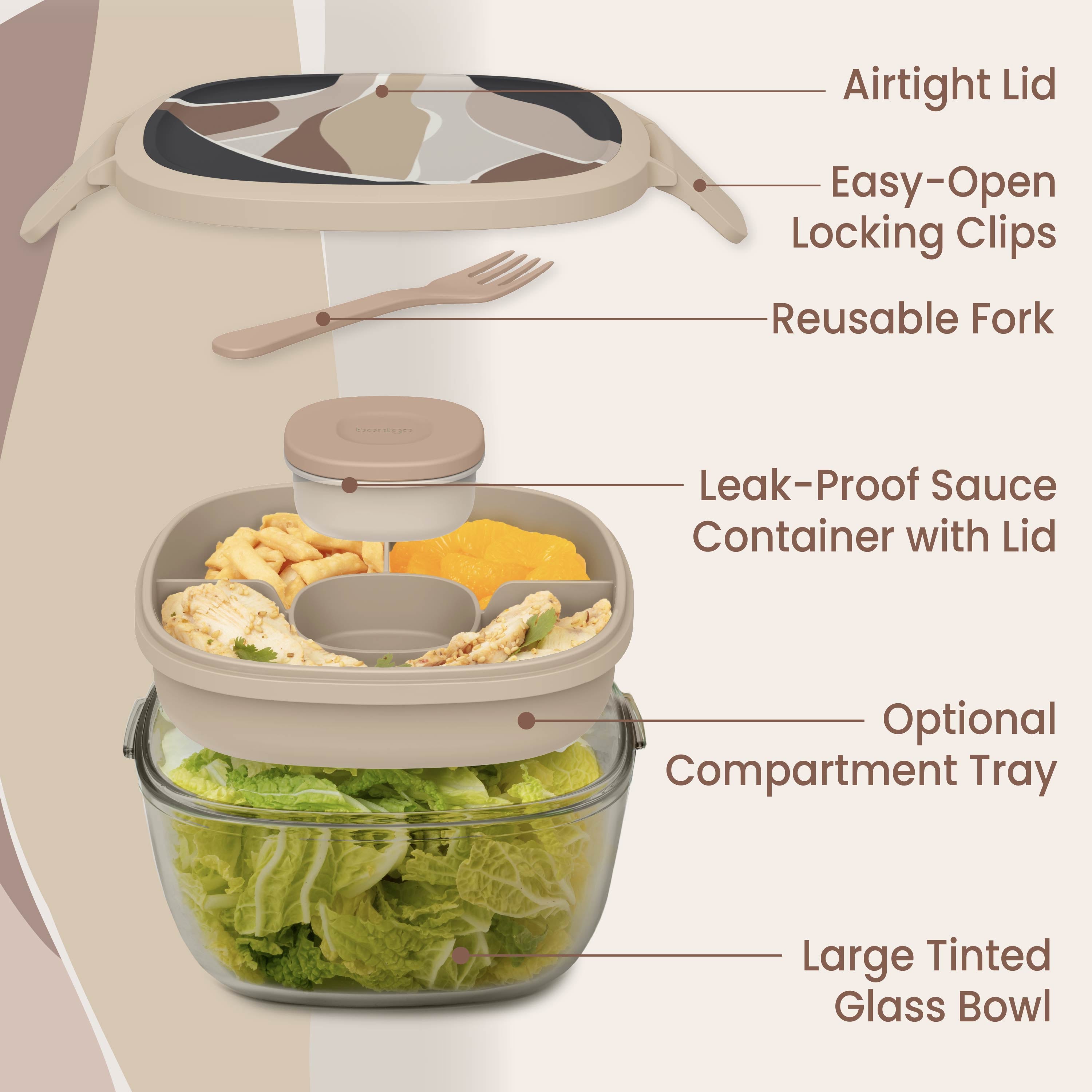Bentgo® Glass Prints All-in-One Salad Container - Inky Abstract - Neutrals | Salad Container Contains An Airtight Lid With Designer Print, Easy-Open Locking Clips, Reusable Fork, Leak-Proof Sauce Container With Lid, Optional Compartment Tray, And Large Tinted Glass Bowl