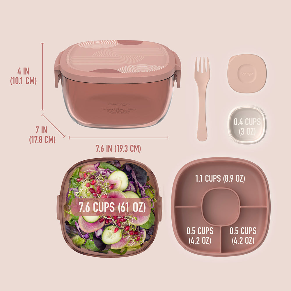 Bentgo® Glass Prints All-in-One Salad Container - Mod Curve - Desert Rose | Salad Container Dimensions