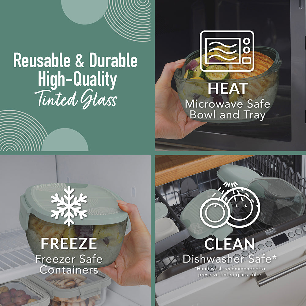 Bentgo® Glass Prints All-in-One Salad Container - Mod Curve - Serene Green | Reusable & Durable High-Quality Tinted Glass. Microwave Safe, Freezer Safe And Dishwasher Safe