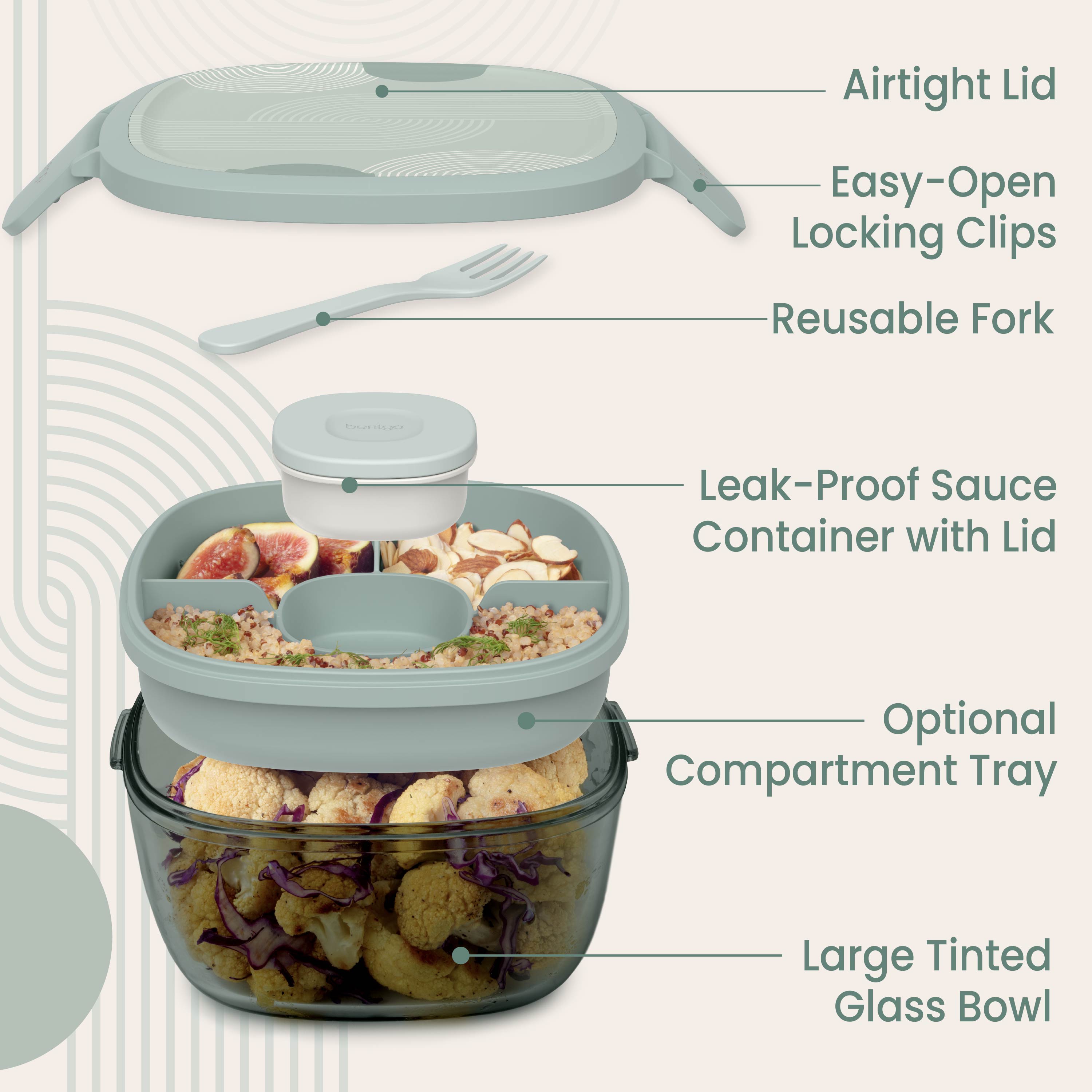 Bentgo® Glass Prints All-in-One Salad Container - Mod Curve - Serene Green | Salad Container Contains An Airtight Lid With Designer Print, Easy-Open Locking Clips, Reusable Fork, Leak-Proof Sauce Container With Lid, Optional Compartment Tray, And Large Tinted Glass Bowl