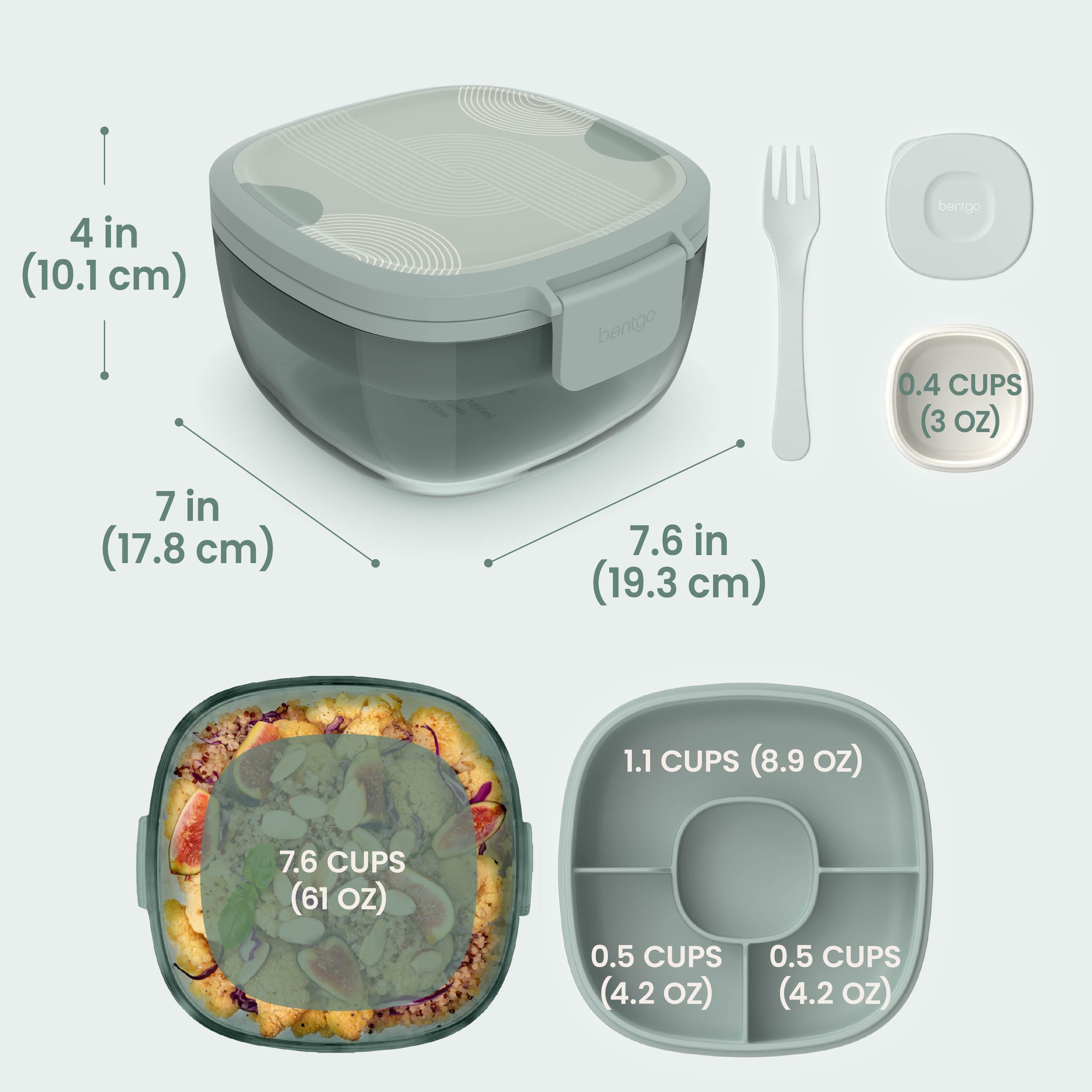 Bentgo® Glass Prints All-in-One Salad Container - Mod Curve - Serene Green | Salad Container Dimensions