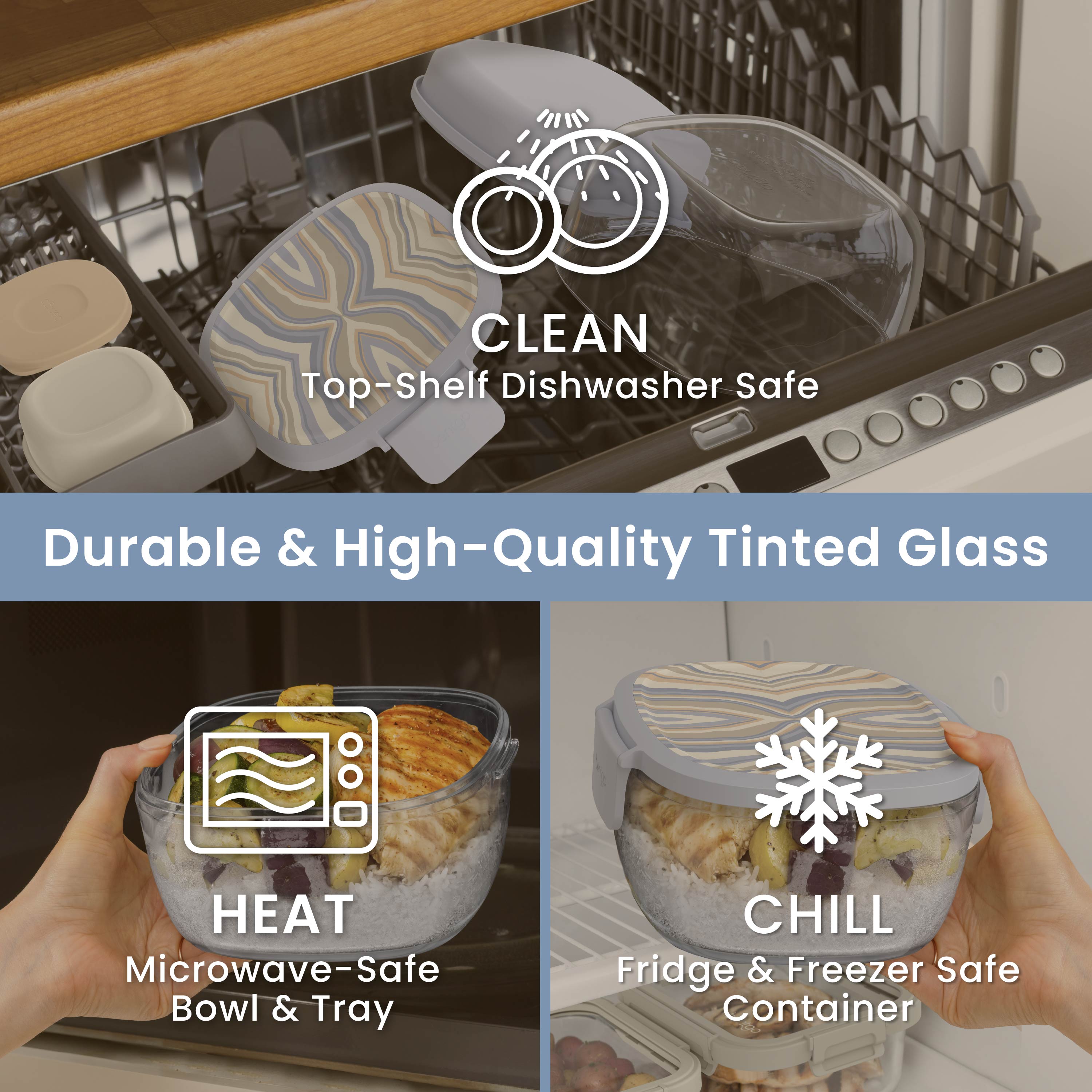 Bentgo® Glass Prints All-in-One Salad Container - Wildly Chic - Soft Blue | Durable & High-Quality Tinted Glass. Microwave Safe, Fridge & Freezer Safe And Dishwasher Safe
