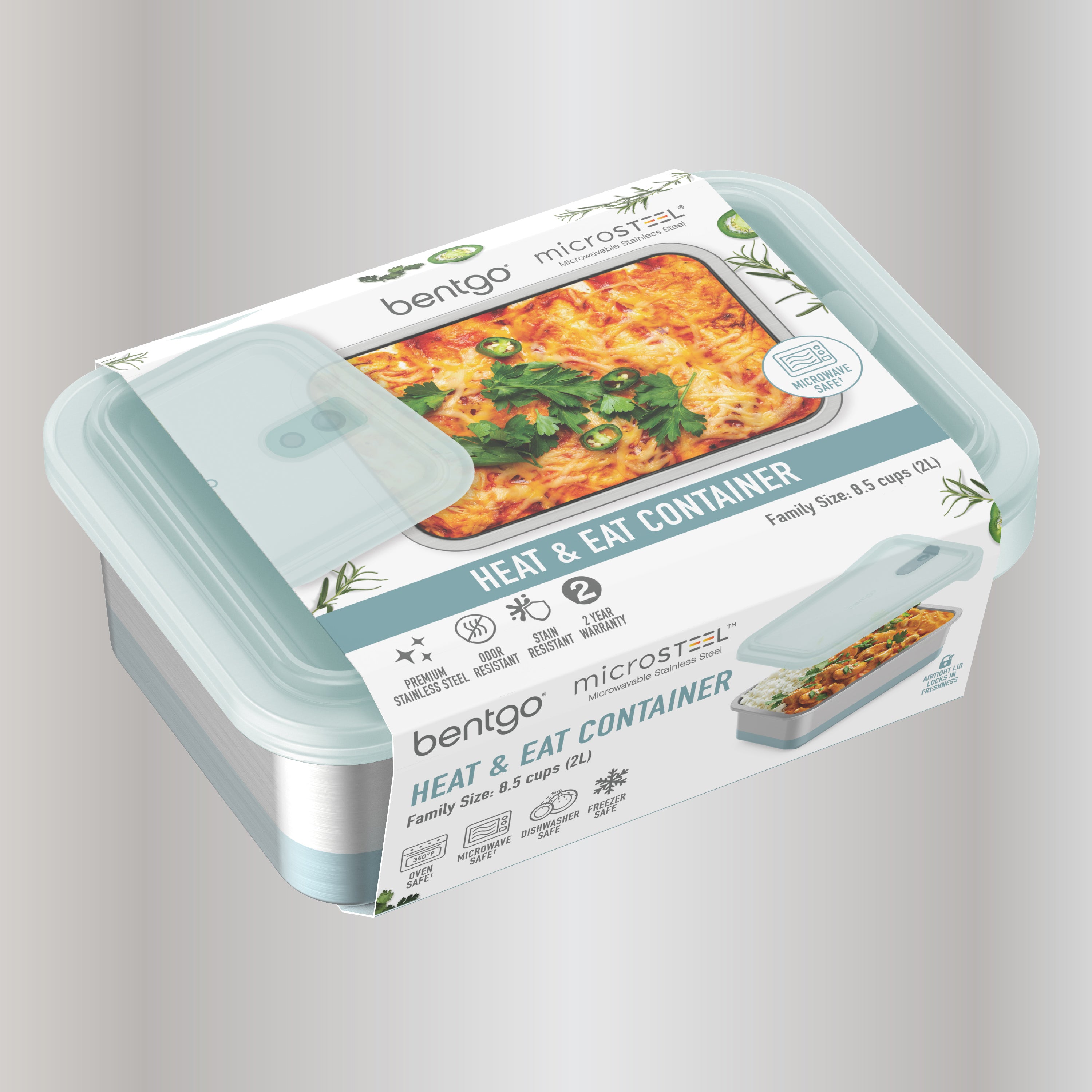 Bentgo® MicroSteel Heat & Eat Container - Family Size 8.5 Cups - Aqua | Packaging