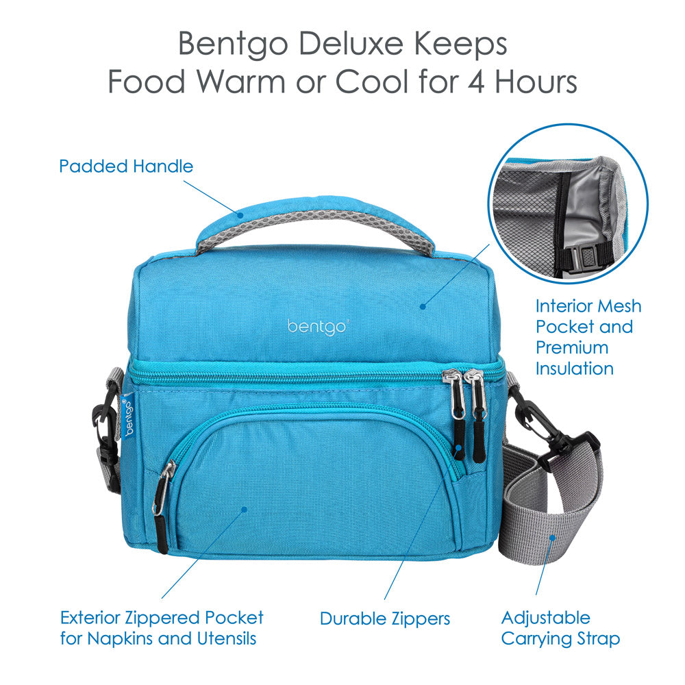 Bentgo Deluxe Lunch Bag in Blue. Bentgo Deluxe keeps food warm or cool for 4 hours. 