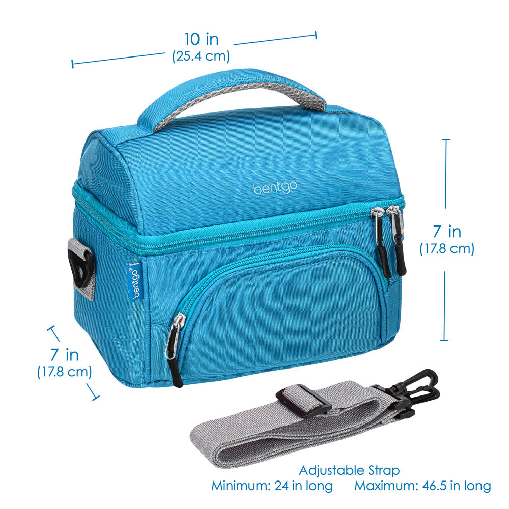 Bentgo Deluxe Lunch Bag in Blue. Dimensions image. 