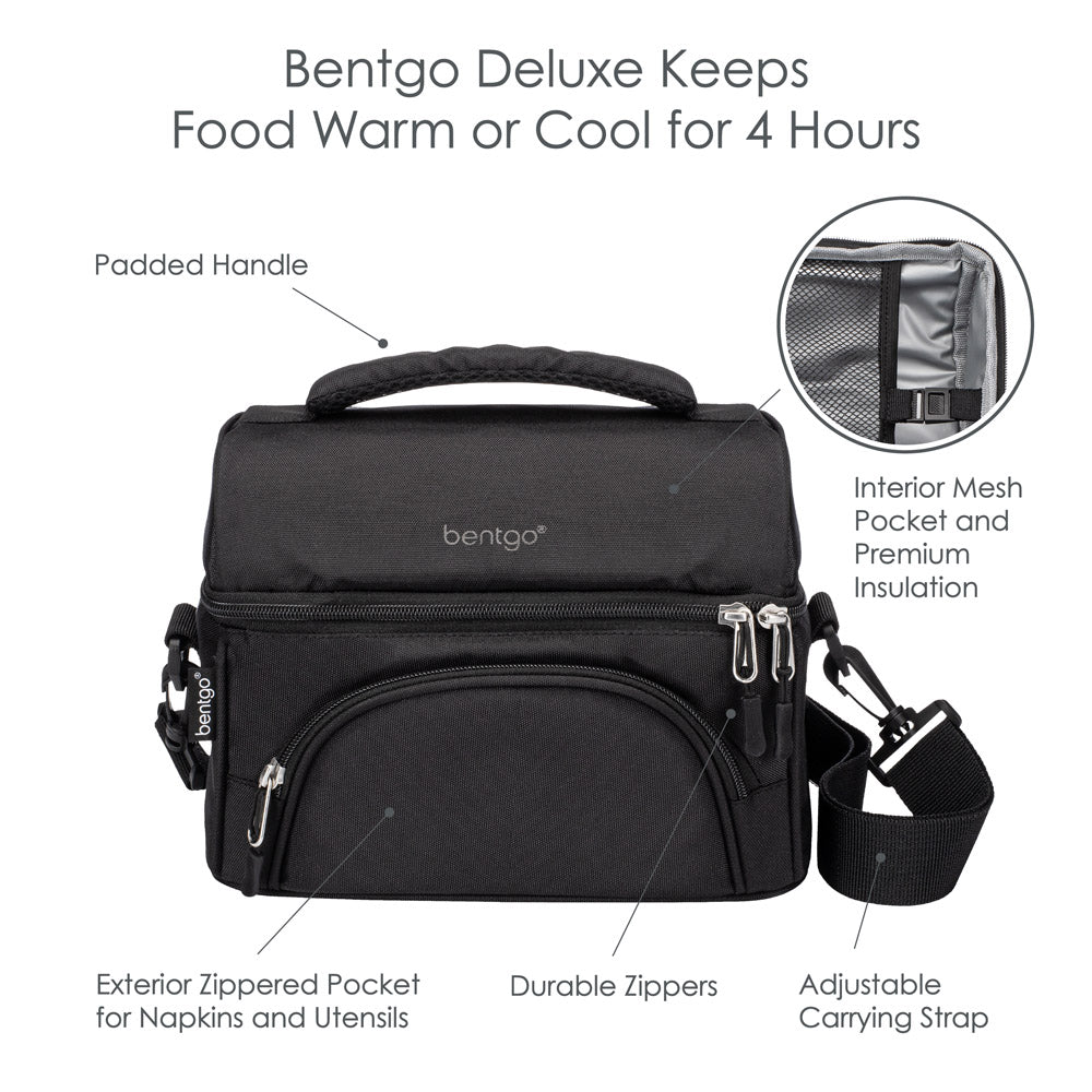 Bentgo Deluxe Lunch Bag in Carbon Black. Bentgo Deluxe keeps food warm or cool for 4 hours.