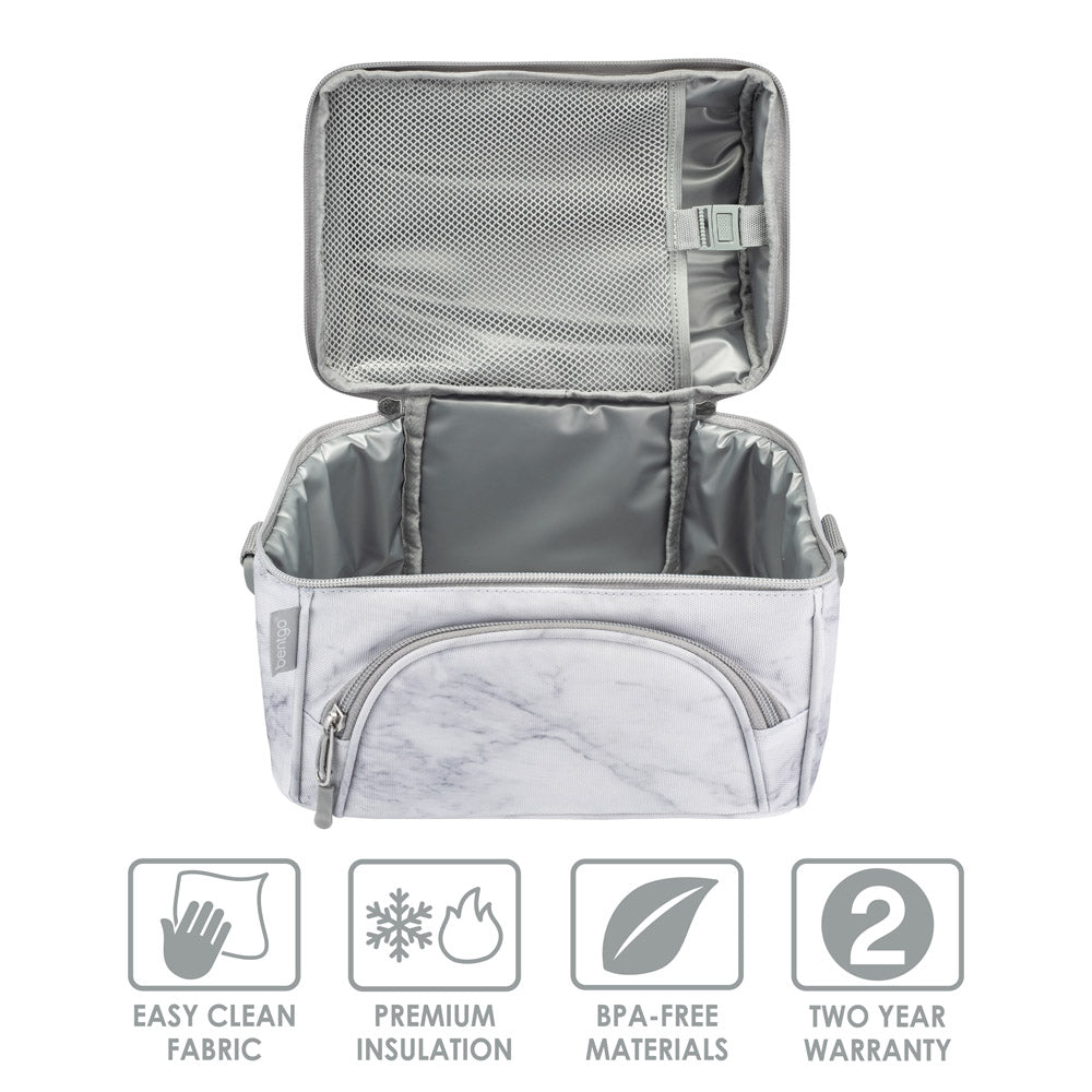 Bentgo Deluxe Lunch Bag in White Marble. Easy Clean Fabric. Premium Insulation. BPA-Free Materials. 2 Year Warranty.