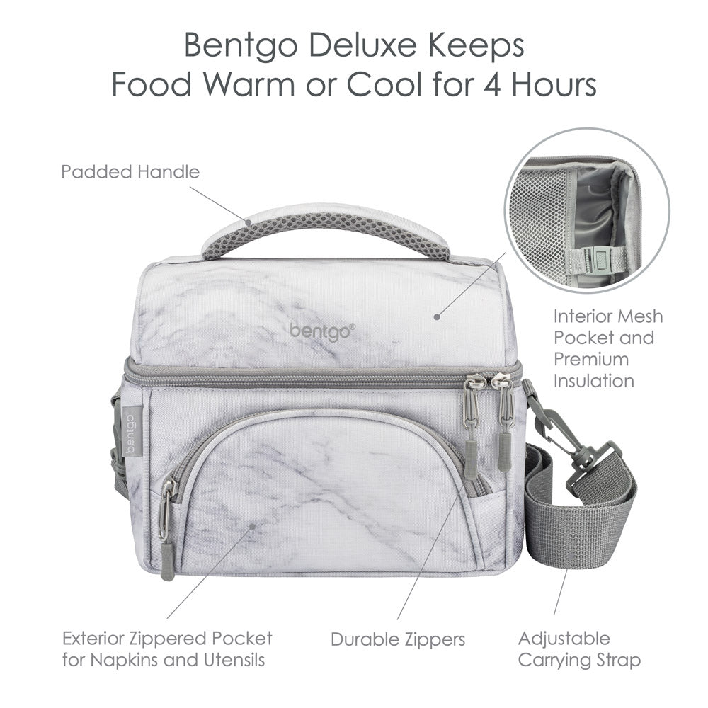 Bentgo Deluxe Lunch Bag in White Marble. Bentgo Deluxe keeps food warm or cool for 4 hours.