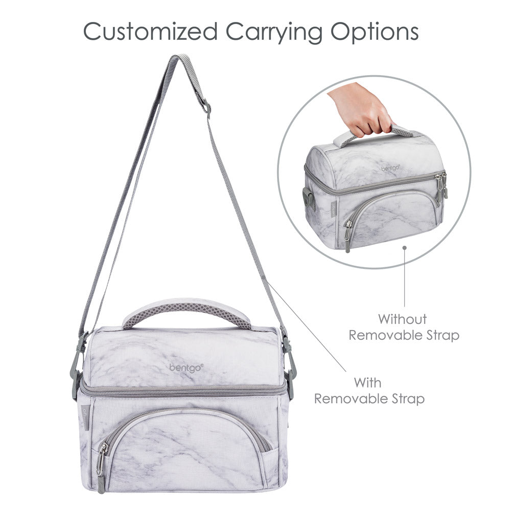 Bentgo Deluxe Lunch Bag in White Marble. Comes with customized carrying options.