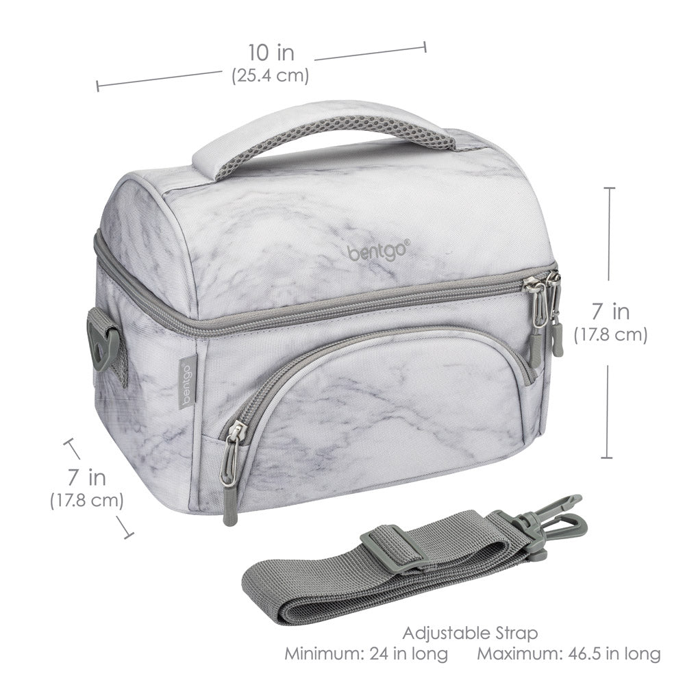 Bentgo Deluxe Lunch Bag in White Marble. Dimensions image.