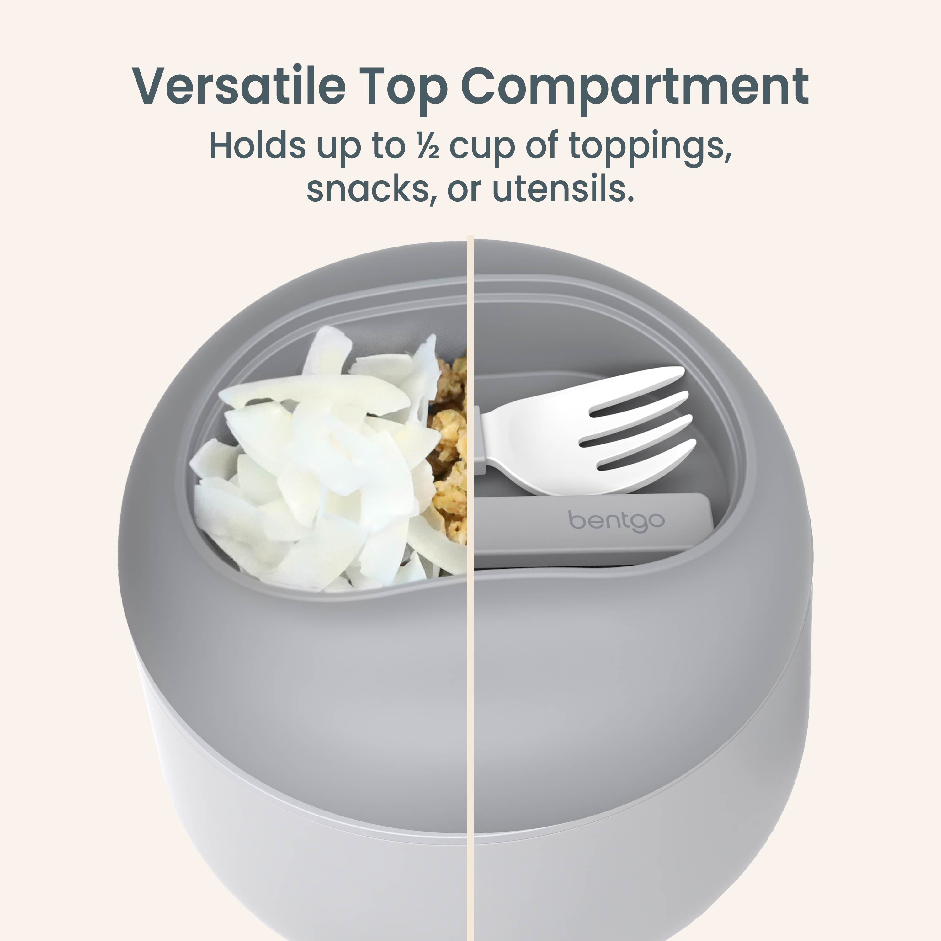 Bentgo® Bowl - Gray | Versatile Top Compartment - Holds Up To ½ Cup Of Toppings, Snacks, Or Utensils