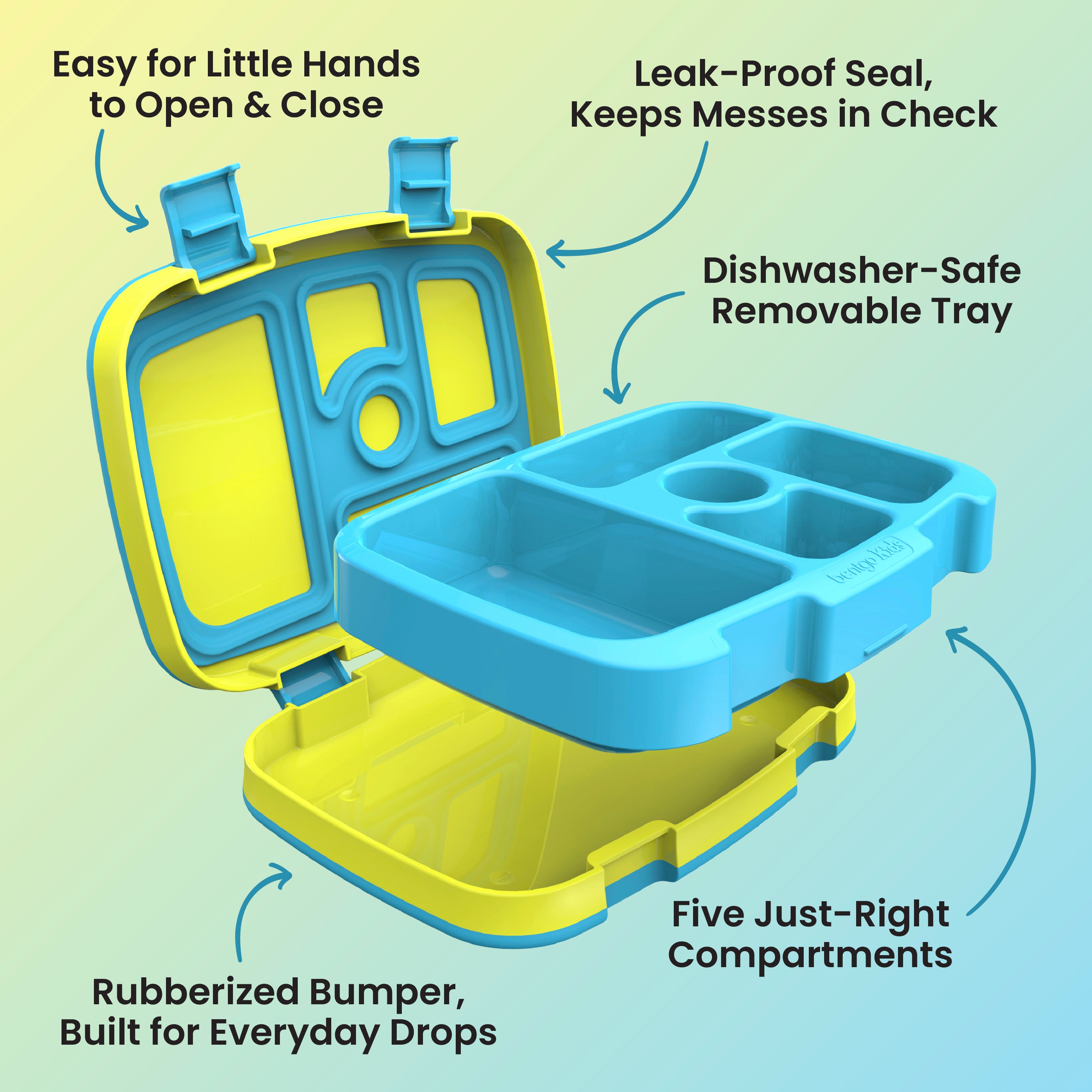 Bentgo® Kids Lunch Box -
Citrus Yellow | Easy for Little Hands to Open & Close, Leak-Proof Seal - Keeps Messes in Check, Dishwasher-Safe Removable Tray, Five Just Right Compartments, and Rubberized Bumper - Built for Everyday Drops