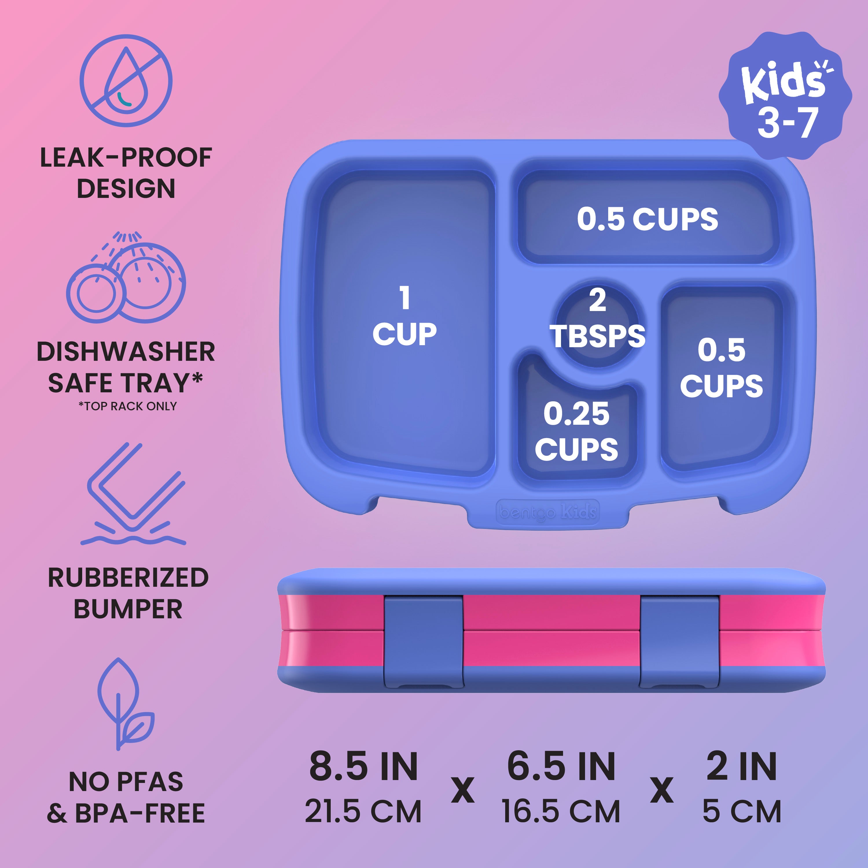 Bentgo® Kids Lunch Box -
Fuchsia | Kids 3-7 | Leak-Proof Design, Dishwasher Safe Tray (Top-Rack Only), Rubberized Bumper, and No PFAS & BPA-Free | Product Dimensions