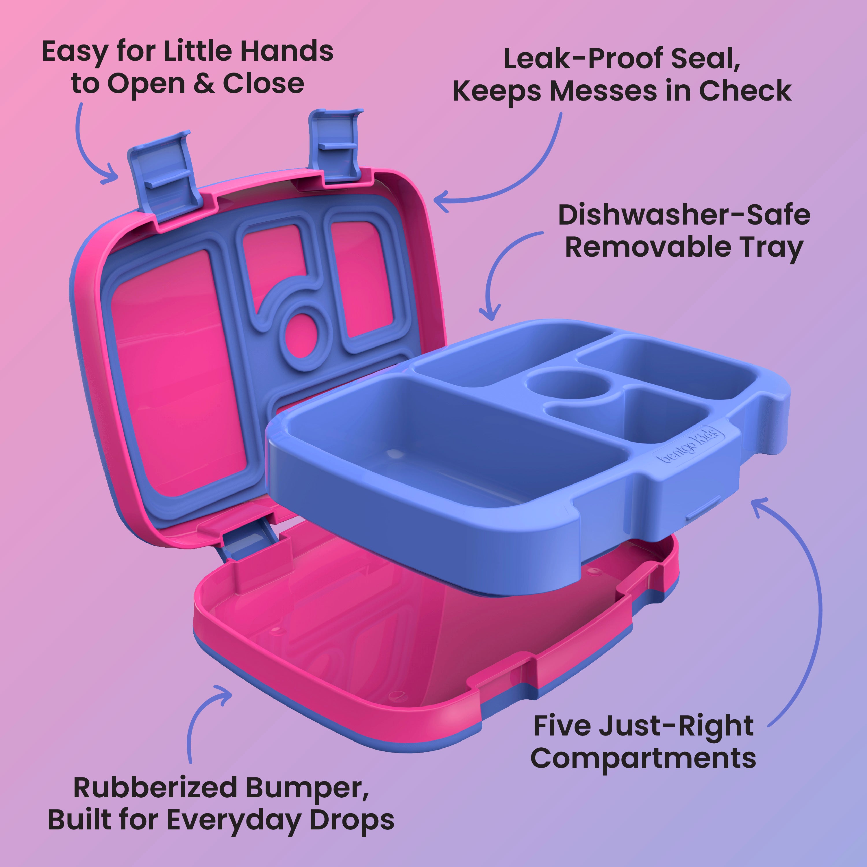 Bentgo® Kids Lunch Box -
Fuchsia | Easy for Little Hands to Open & Close, Leak-Proof Seal - Keeps Messes in Check, Dishwasher-Safe Removable Tray, Five Just Right Compartments, and Rubberized Bumper - Built for Everyday Drops