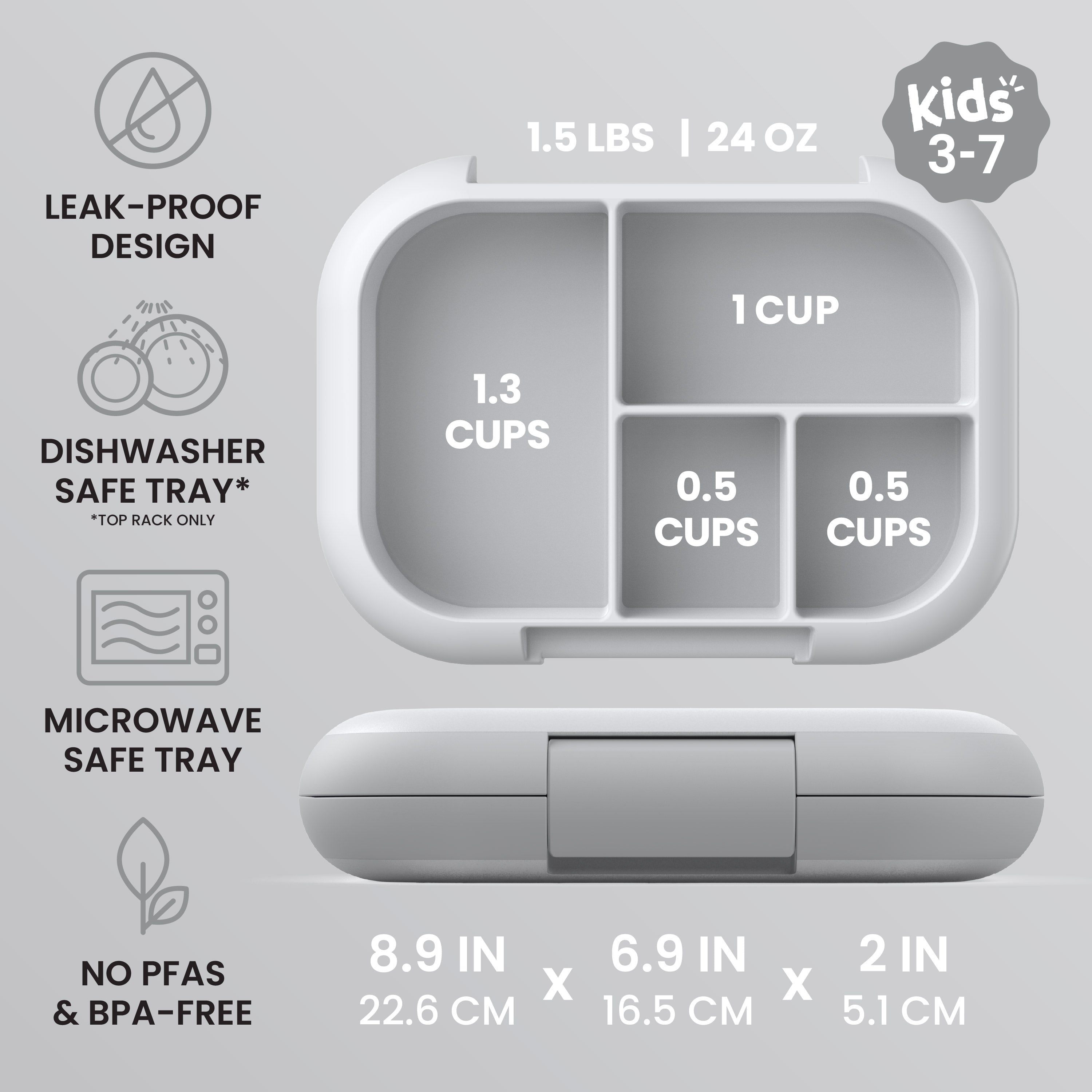 Bentgo® Chill Kids Lunch Box - Gray | Kids 3-7 | Leak-Proof Design, Dishwasher Safe Tray (Top-Rack Only), Microwave Safe Tray, and No PFAS & BPA-Free | Product Dimensions