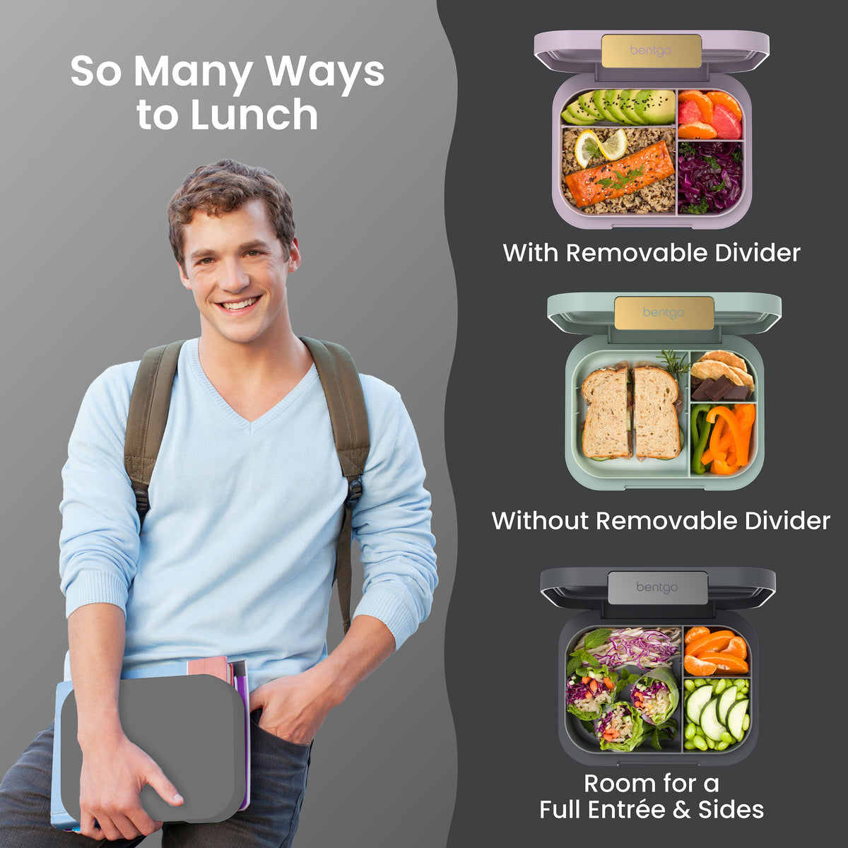 Bentgo Modern Lunch Box (2 Pack) - Dark Gray | So Many Ways To Lunch - With Removable Divider, Without Removable Divider, and Room For A Full Entrée & Sides