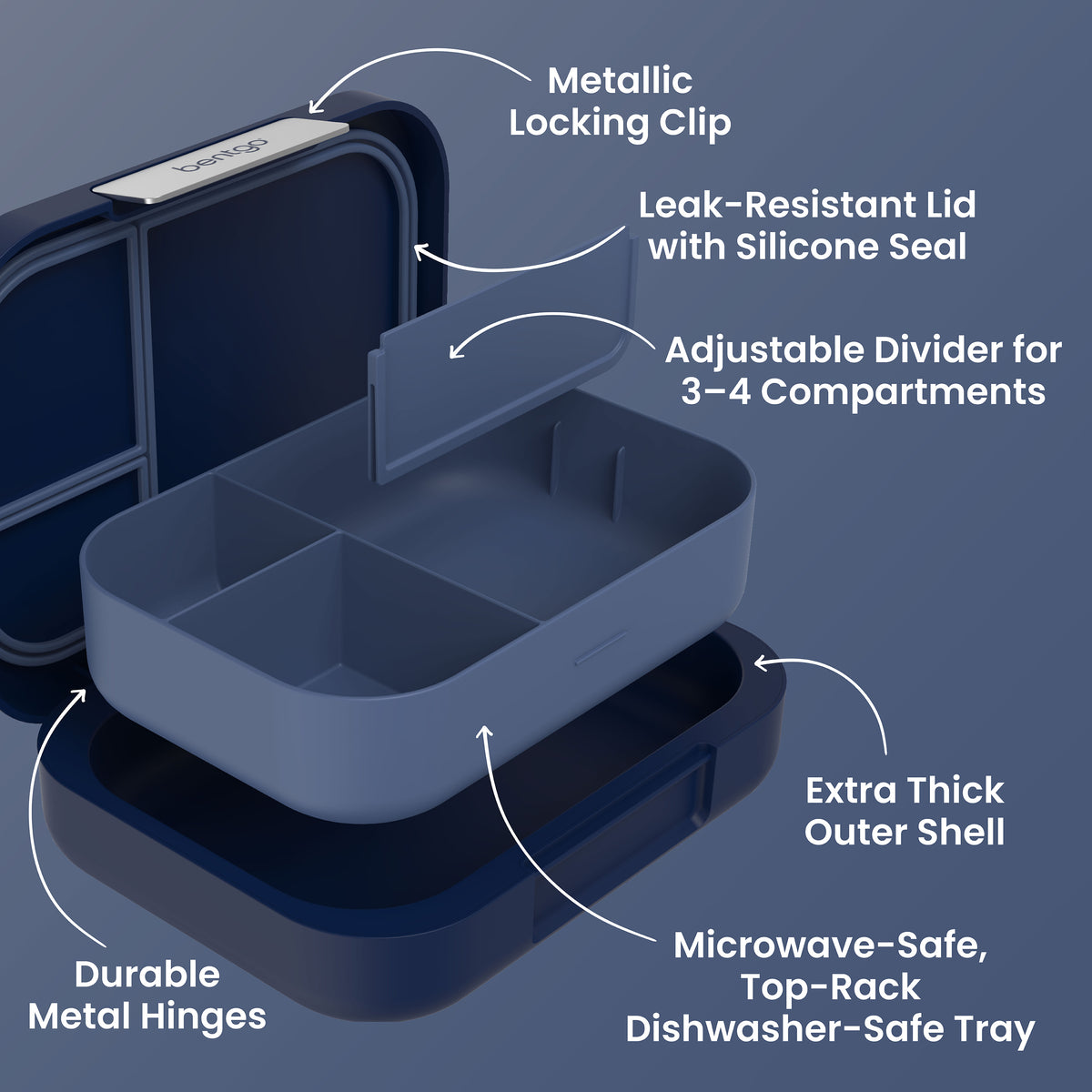Bentgo® Modern Lunch Box - Navy | Metallic Locking Clip, Leak-Resistant Lid with Silicone Seal, Adjustable Divider for 3-4 Compartments, Durable Metal Hinges, Extra Thick Outer Shell, and Microwave-Safe, Top-Rack Dishwasher-Safe Tray