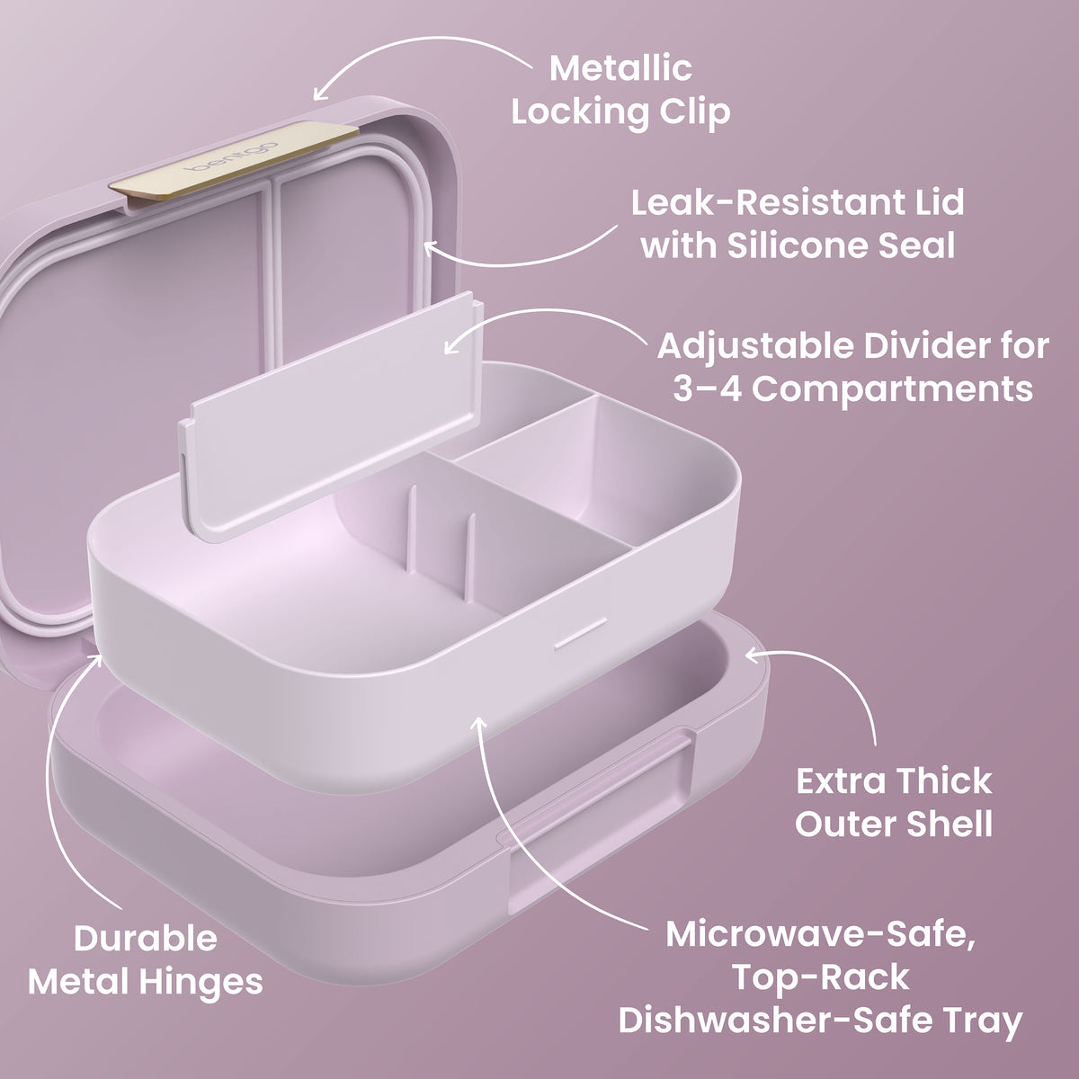 Bentgo® Modern Lunch Box - Orchid | Metallic Locking Clip, Leak-Resistant Lid with Silicone Seal, Adjustable Divider for 3-4 Compartments, Durable Metal Hinges, Extra Thick Outer Shell, and Microwave-Safe, Top-Rack Dishwasher-Safe Tray