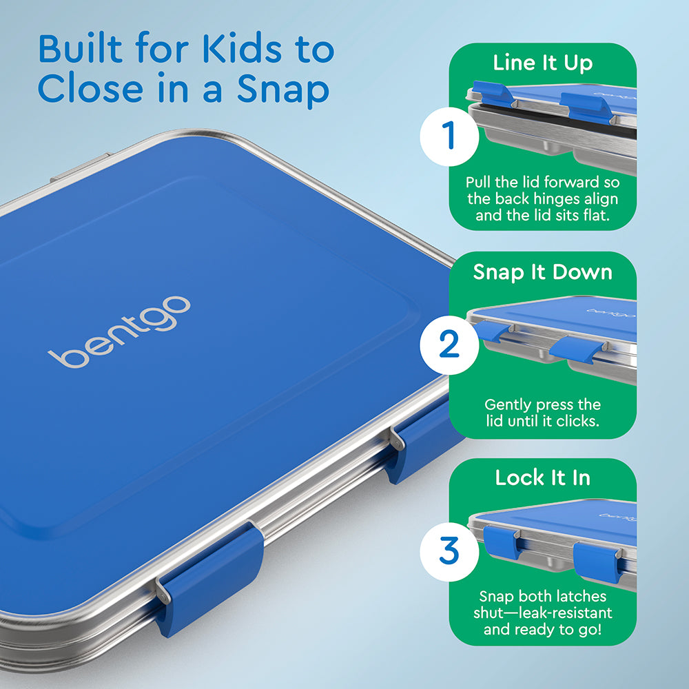 Bentgo® Kids Stainless Steel Lunch Box - Blue | Built for Kids to Close in a Snap | Line It Up, Snap It Down, and Lock It In