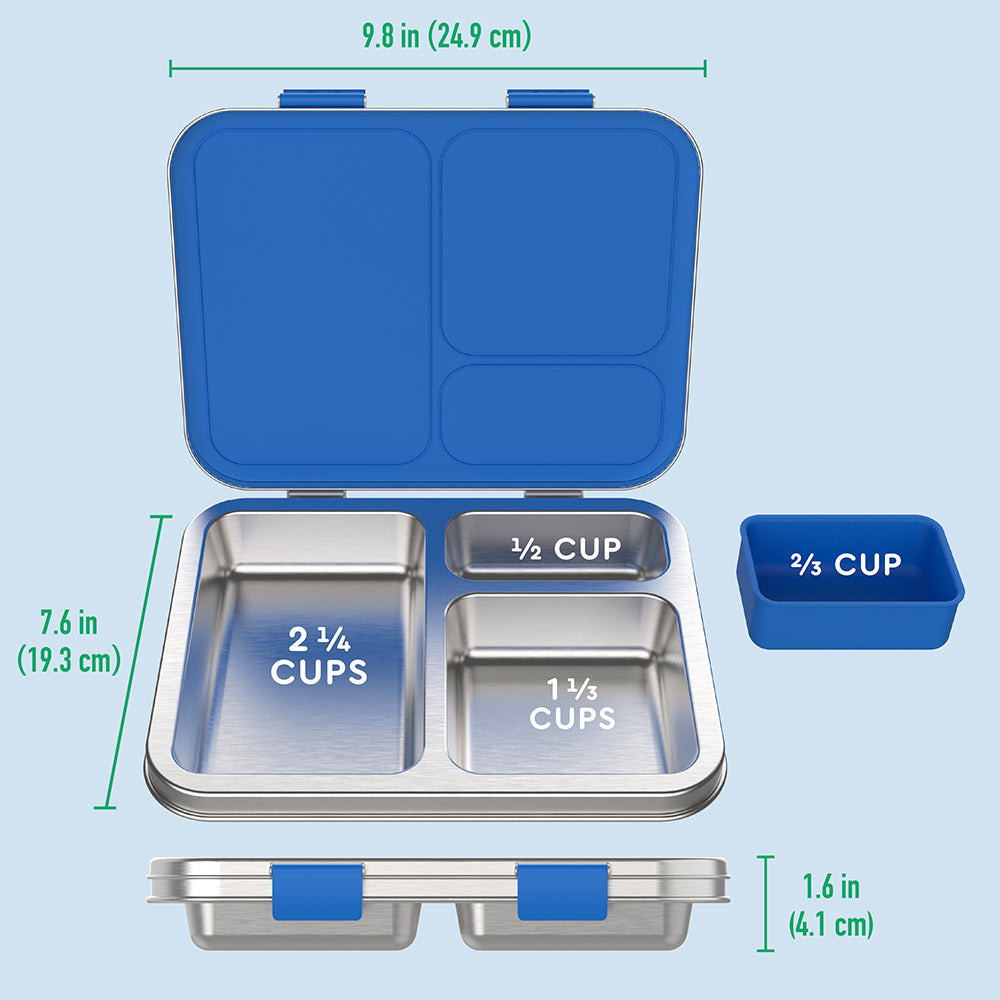 Bentgo® Kids Stainless Steel Lunch Box - Blue | What’s In The Box + Dimensions
