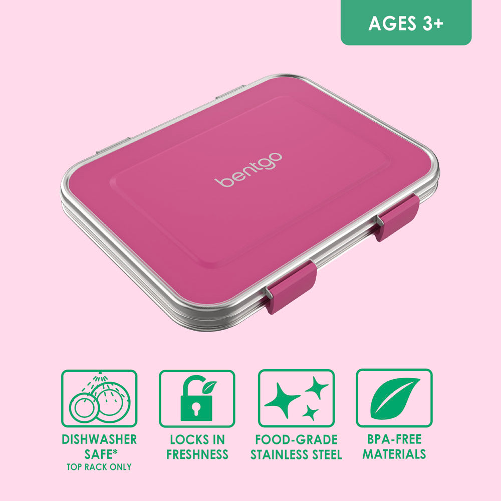Bentgo® Kids Stainless Steel Lunch Box - Fuchsia | Dishwasher Safe, Locks In Freshness, Food-Grade Stainless Steel, And Made With BPA-Free Materials
