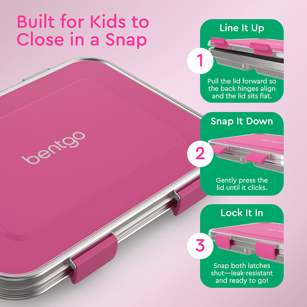 Bentgo® Kids Stainless Steel Lunch Box - Fuchsia | Built for Kids to Close in a Snap | Line It Up, Snap It Down, and Lock It In