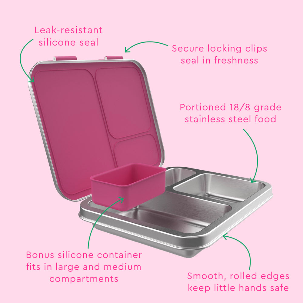 Bentgo® Kids Stainless Steel Lunch Box - Fuchsia | Leak-Resistant Silicone Seal, Secure Locking Clips Seal In Freshness, Portioned 18/8 Grade Stainless Steel Food, Bonus Silicone Container Fits In Large And Medium Compartments, And Smooth, Rolled Edges Keep Little Hands Safe