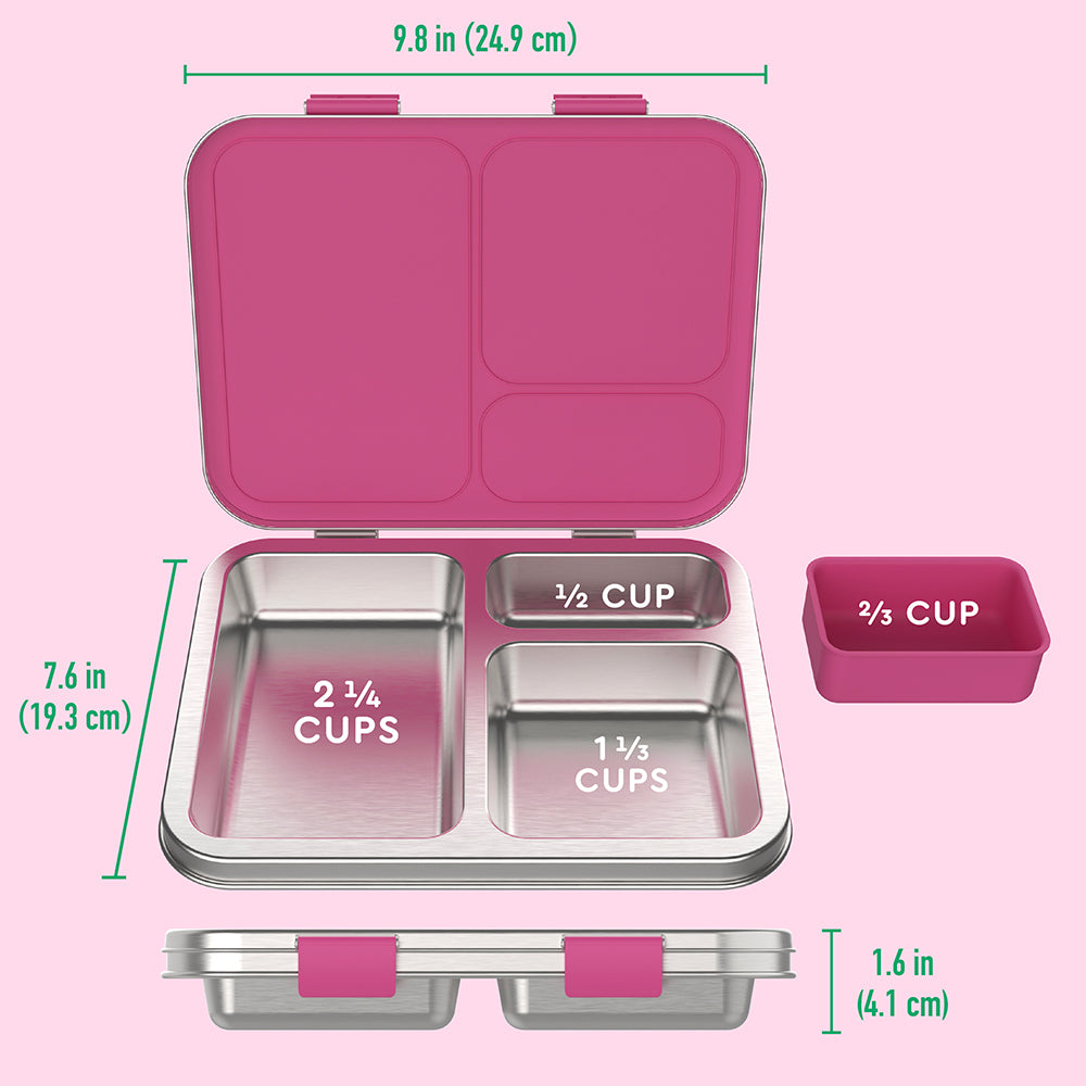 Bentgo® Kids Stainless Steel Lunch Box - Fuchsia | What’s In The Box + Dimensions