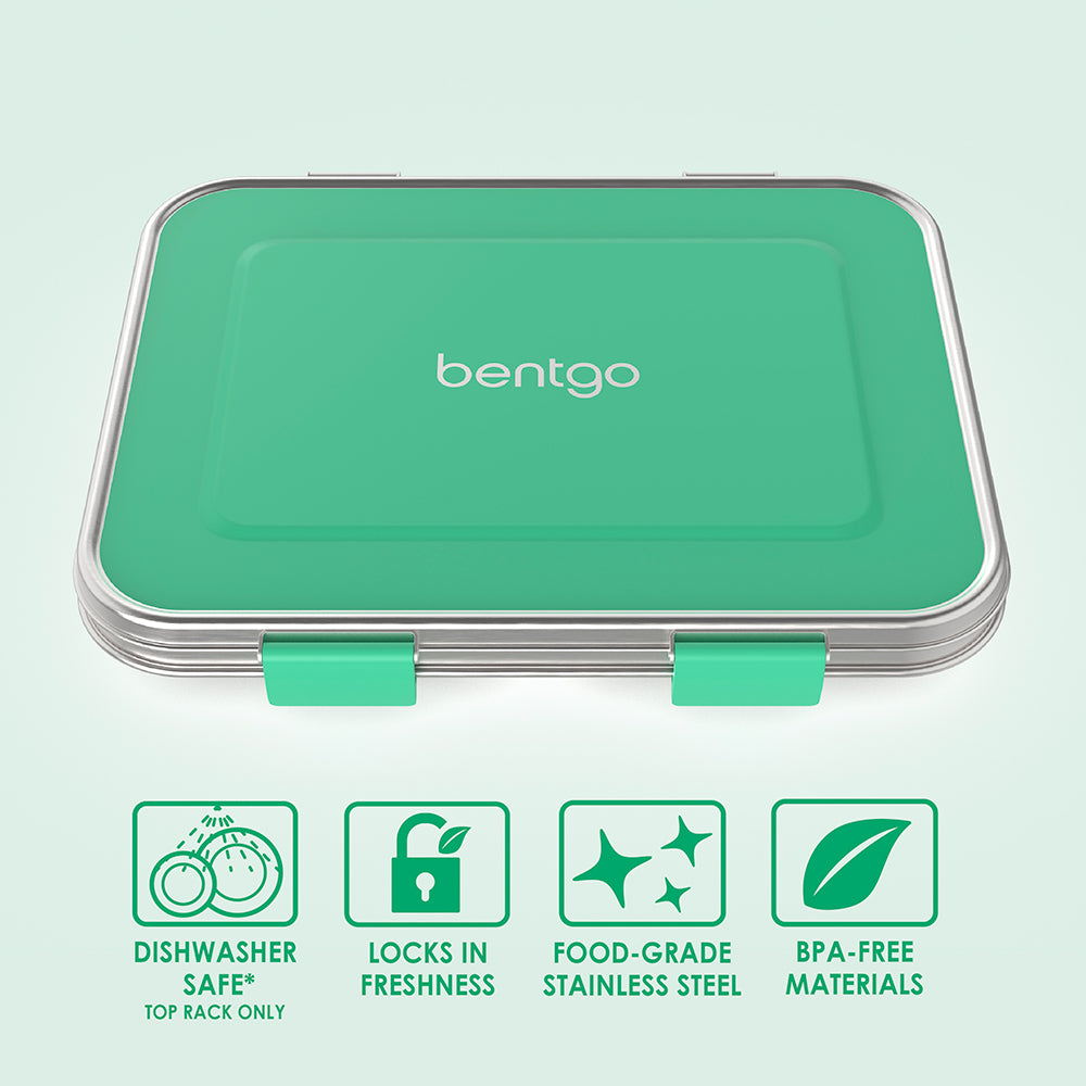 Bentgo® Kids Stainless Steel Lunch Box - Green | Dishwasher Safe (Top Rack Only), Locks In Freshness, Food-Grade Stainless Steel, And Made With BPA-Free Materials