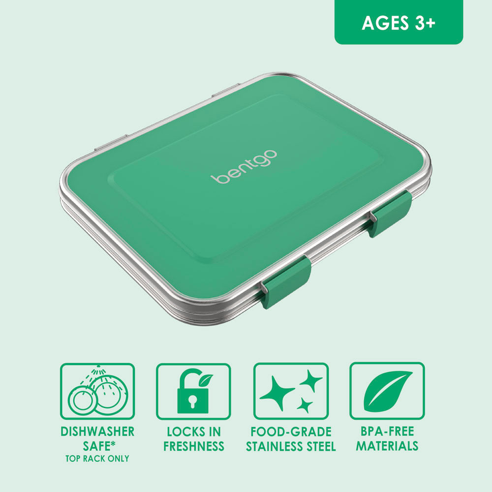 Bentgo® Kids Stainless Steel Lunch Box - Green | Dishwasher Safe, Locks In Freshness, Food-Grade Stainless Steel, And Made With BPA-Free Materials