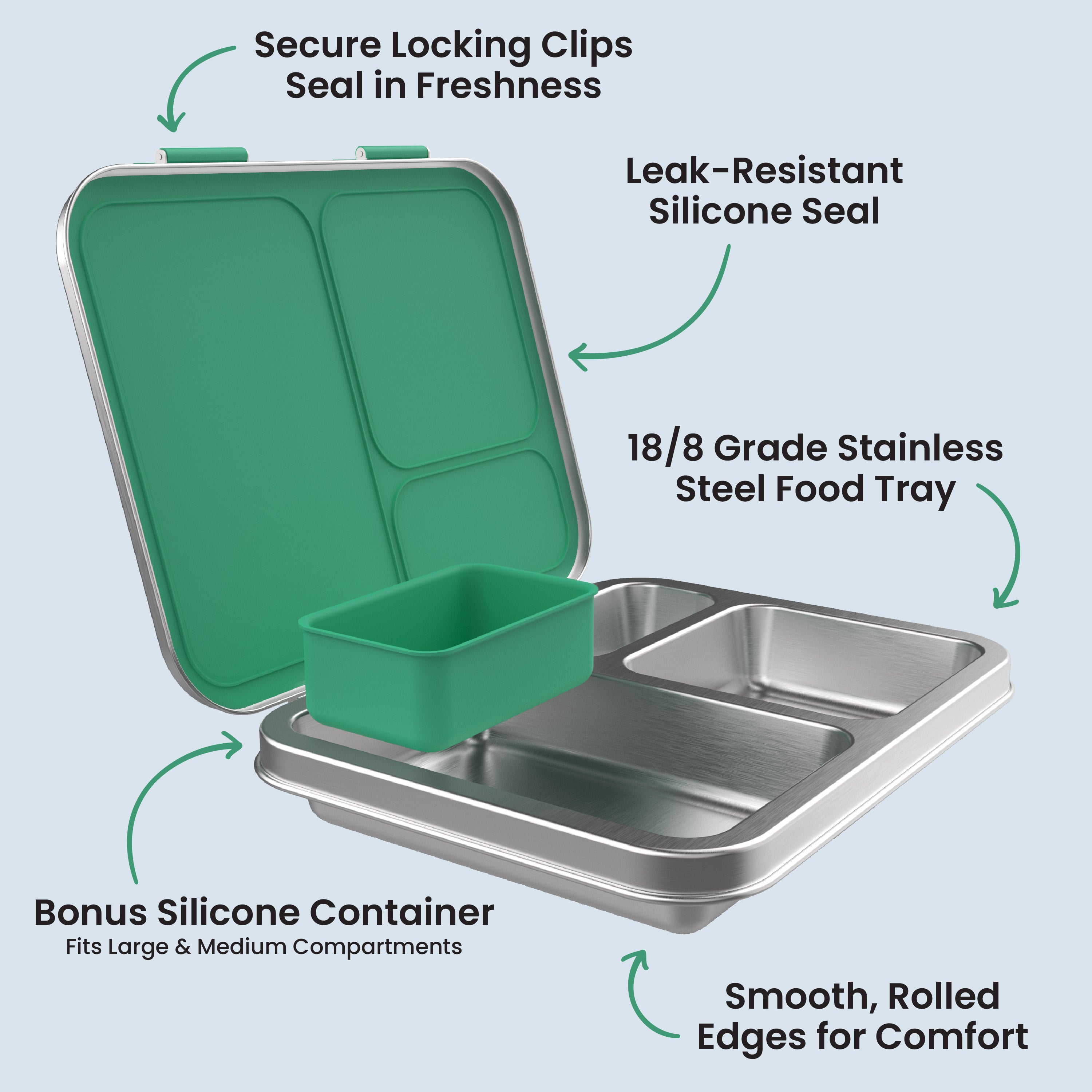 Bentgo Kids Stainless Steel Lunch Box (2-Pack) - Green | Secure Locking Clips Seal In Freshness, Leak-Resistant Silicone Seal, 18/8 Grade Stainless Steel Food Tray, Bonus Silicone Container - Fits Large & Medium Compartments, And Smooth, Rolled Edges For Comfort