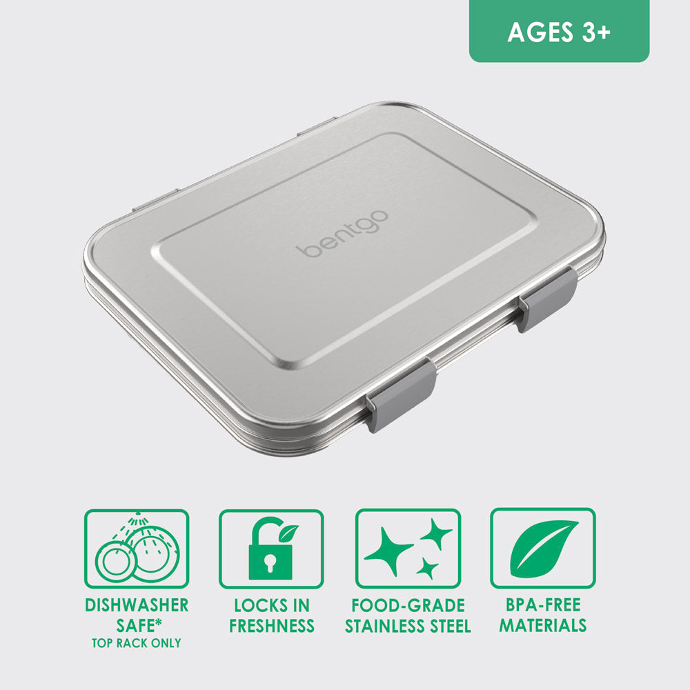 Bentgo® Kids Stainless Steel Lunch Box - Silver | Dishwasher Safe, Locks In Freshness, Food-Grade Stainless Steel, And Made With BPA-Free Materials