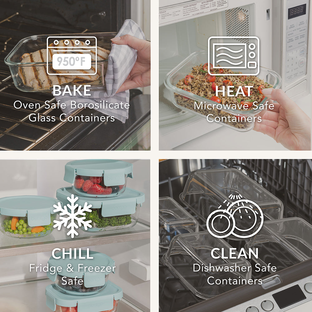 Bentgo® Glass Leak-Proof Food Storage Set (4-Piece) - Soft Aqua | Oven-Safe, Microwave Safe, Fridge & Freezer Safe, And Dishwasher Safe