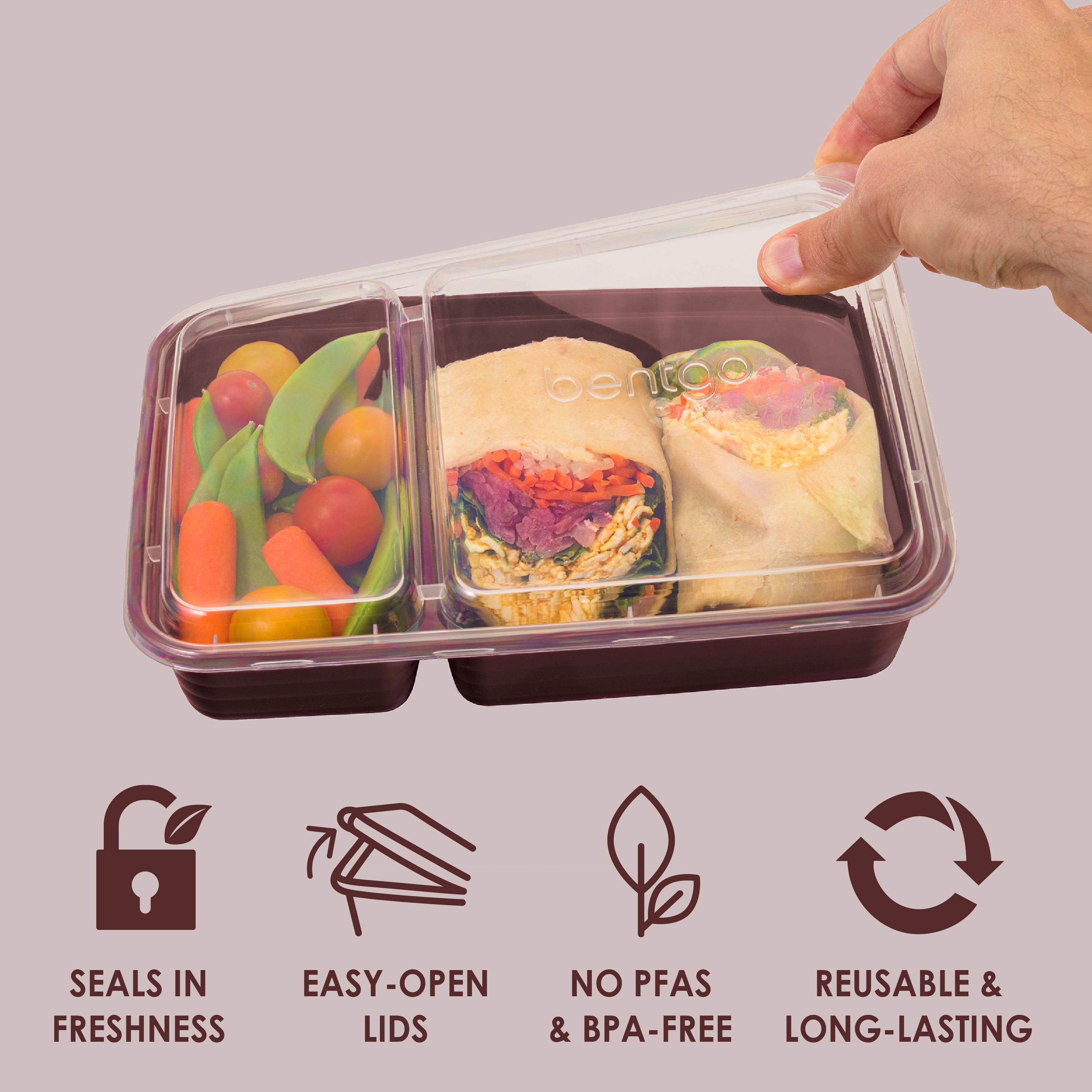 Bentgo® Prep 2-Compartment Meal Prep Containers (20-Piece) - Burgundy | Seals In Freshness, Easy-Open Lids, NO PFAS & BPA-Free, Reusable & Long-Lasting