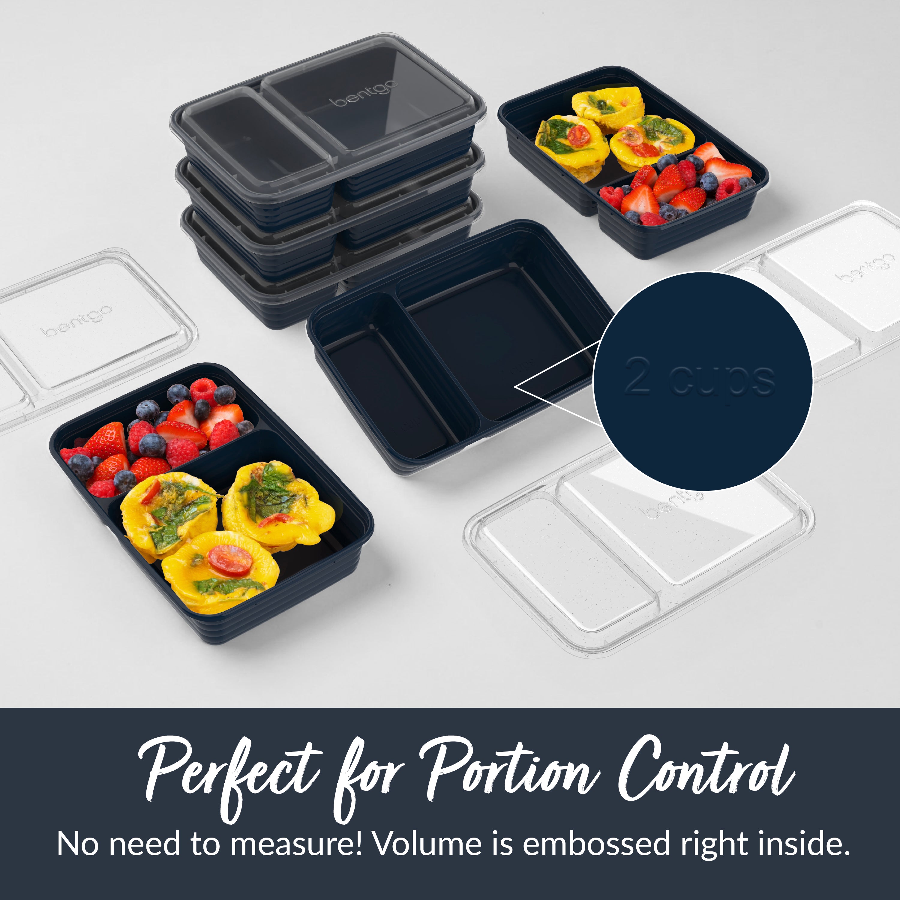 Bentgo® Prep 2-Compartment Meal Prep Containers (20-Piece)  - Navy Blue | Perfect For Portion Control - No Need To Measure! Volume Is Embossed Right Inside