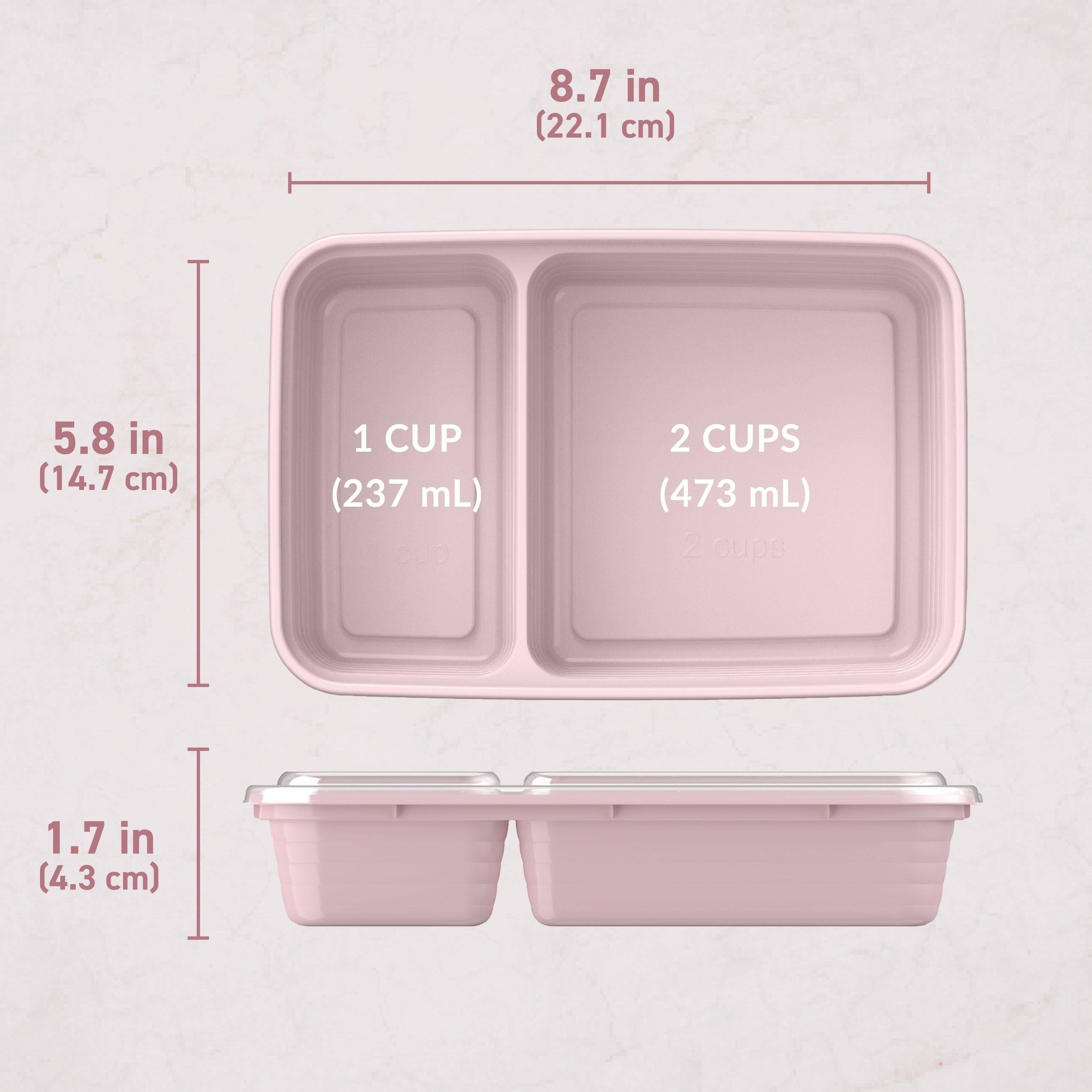 Bentgo® Prep 2-Compartment Meal Prep Containers (20-Piece) - Blush Pink | Dimensions