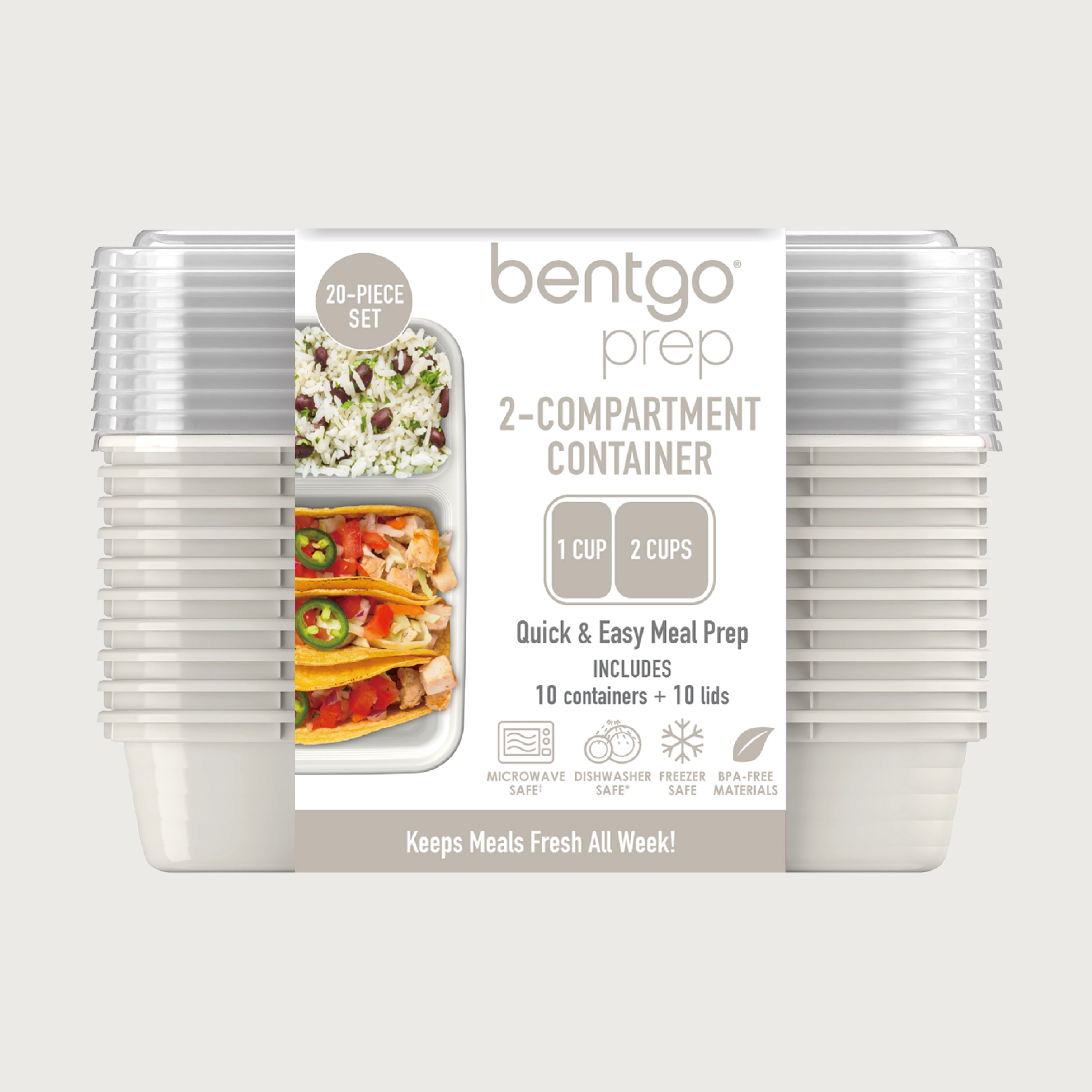 Bentgo® Prep 2-Compartment Meal Prep Containers (20-Piece)  - Whisper Gray | Packaging