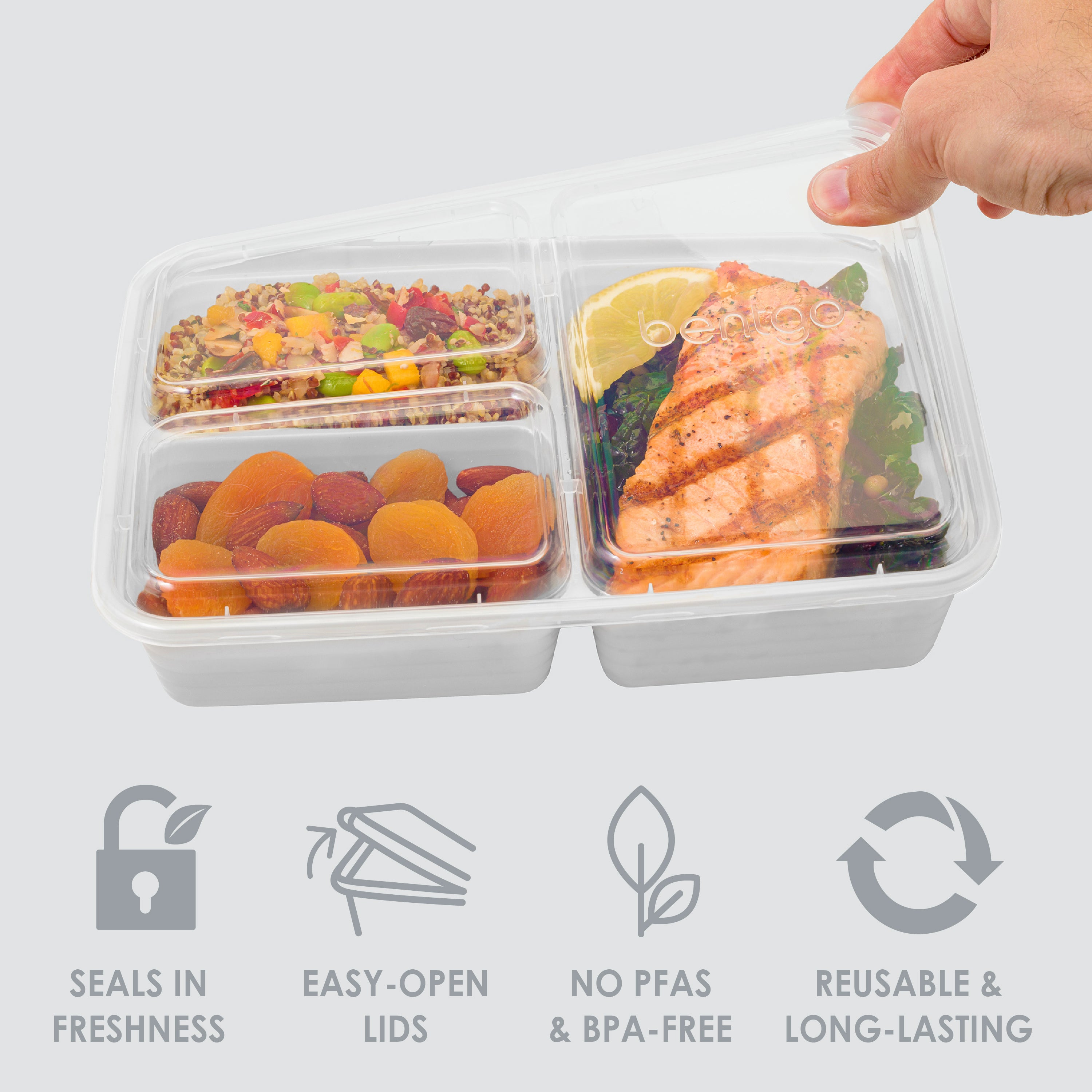 Bentgo® Prep 3-Compartment Meal Prep Containers (20-Piece) - Silver | Seals In Freshness, Easy-Open Lids, NO PFAS & BPA-Free, Reusable & Long-Lasting