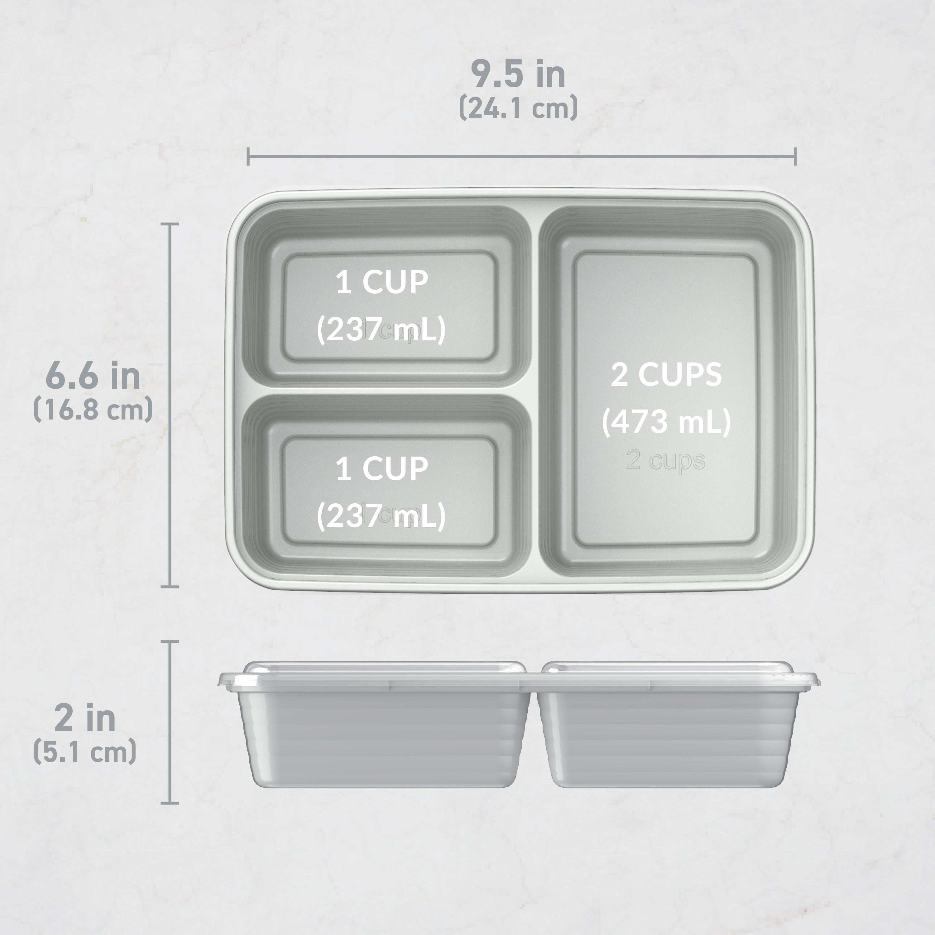 Bentgo® Prep 3-Compartment Meal Prep Containers (20-Piece) - Silver | Dimensions