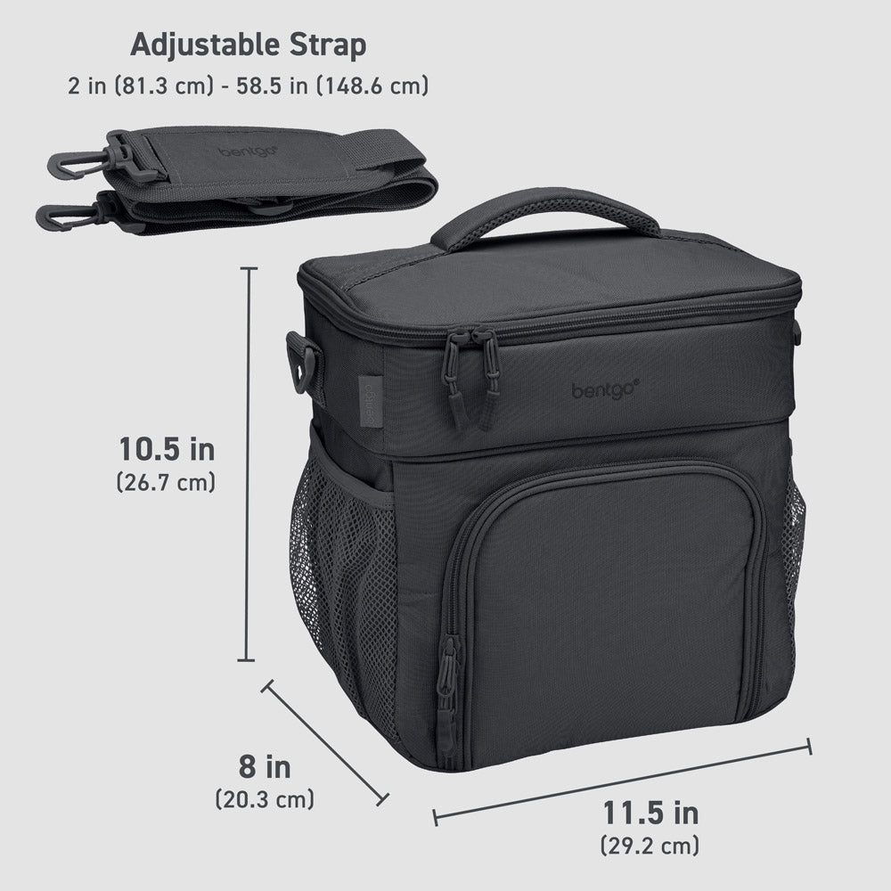 Bentgo Prep Deluxe Multimeal Bag in Dark Gray. Dimensions Image.