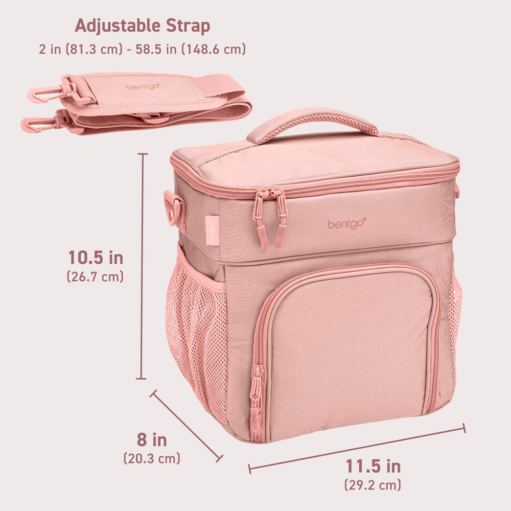 Bentgo Prep Deluxe Multimeal Bag in Blush. Dimensions Image.
