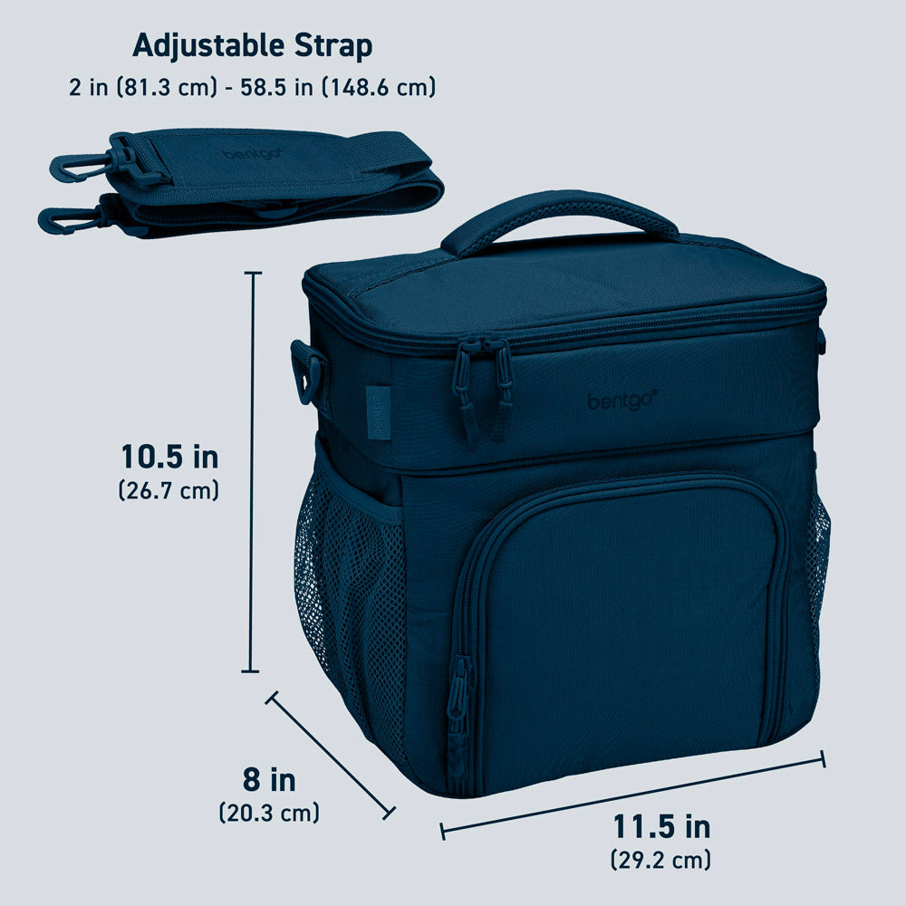 Bentgo Prep Deluxe Multimeal Bag in Navy Blue. Dimensions Image.