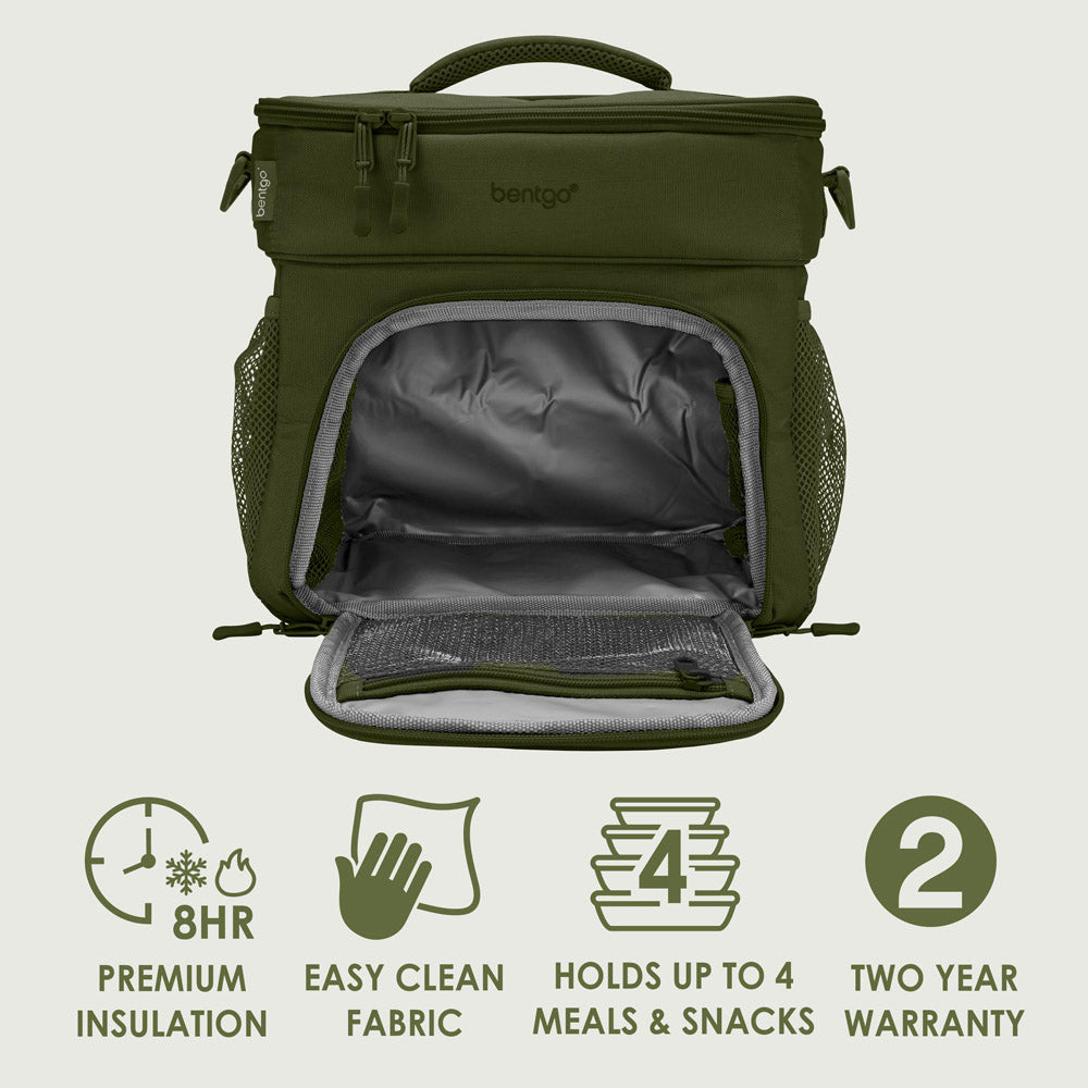 Bentgo Prep Deluxe Multimeal Bag in Olive Green. 8hour Premium Insulation. Easy Clean Fabric. Holds Up To 4 Meals & Snacks. 2 Year Warranty.