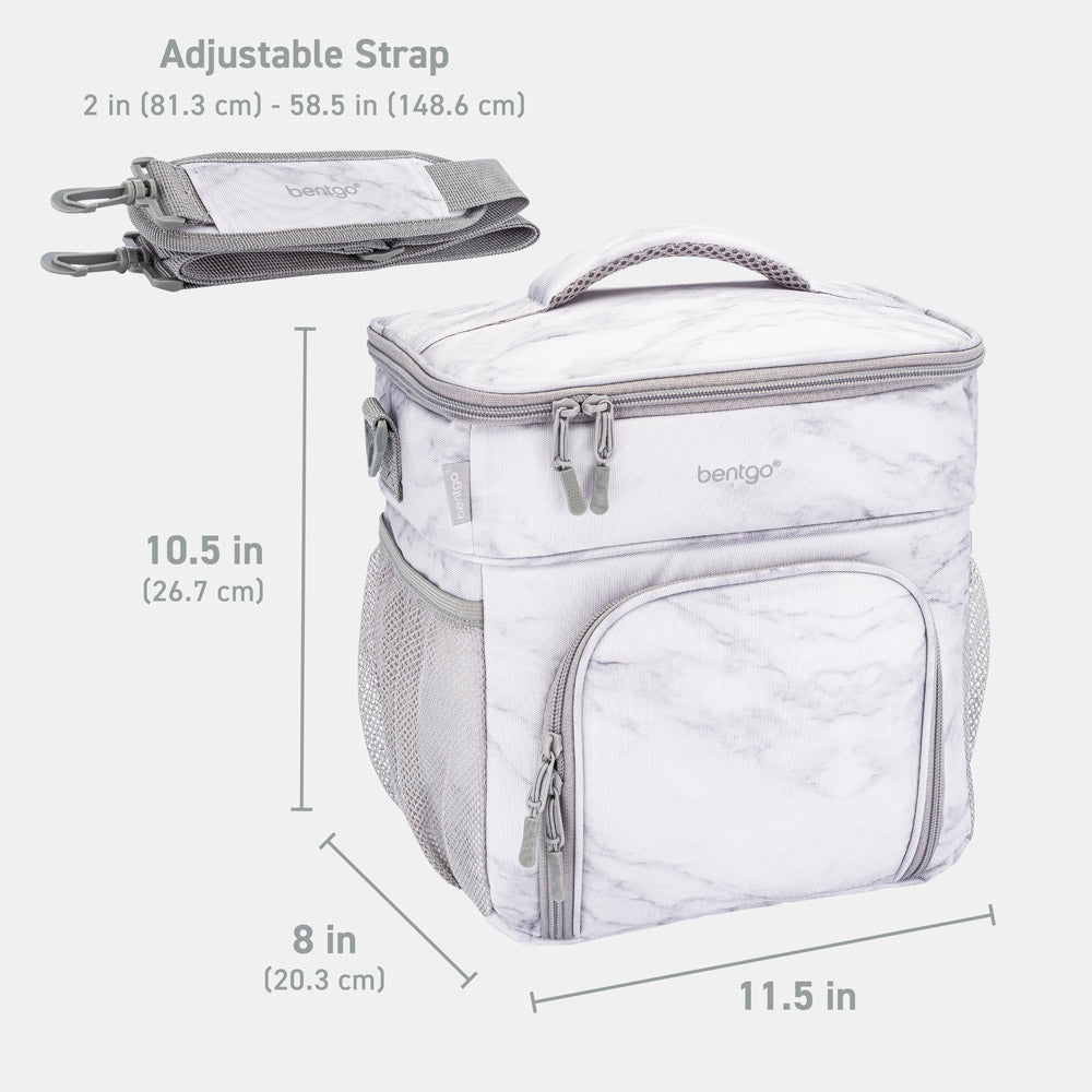 Bentgo Prep Deluxe Multimeal Bag in White Marble. Dimensions Image.