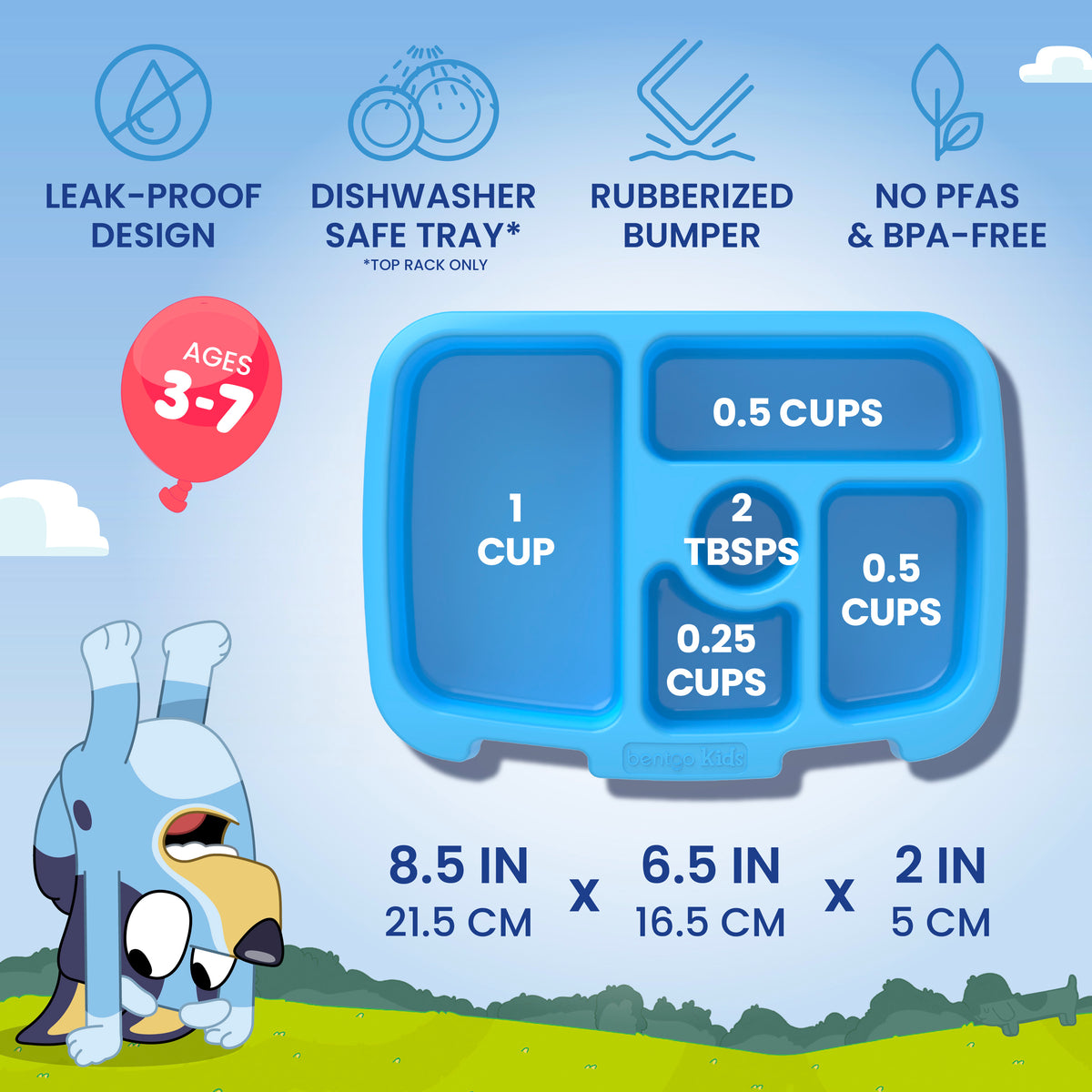 Bentgo® + Bluey Kids Prints Lunch Box (2-Pack) | Bluey’s Universe Two Pack - Dark Blue and Sky Blue - Leak-Proof Design, Dishwasher Safe Tray, Rubberized Bumper, and No PFAs & BPA-Free | Product Dimentions