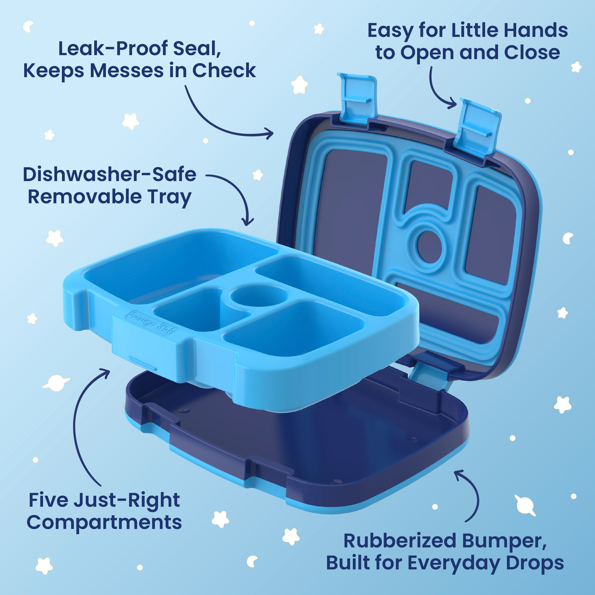 Bentgo® + Bluey Kids Prints Lunch Box (2-Pack) | Bluey’s Universe Two Pack - Dark Blue and Sky Blue - Leak-Proof Seal, Keeps Messes In Check, Easy For Little Hands To Open and Close, Dishwasher-Safe Removable Tray, Five Just-Right Compartments, and Rubberized Bumper, Built For Everyday Drops