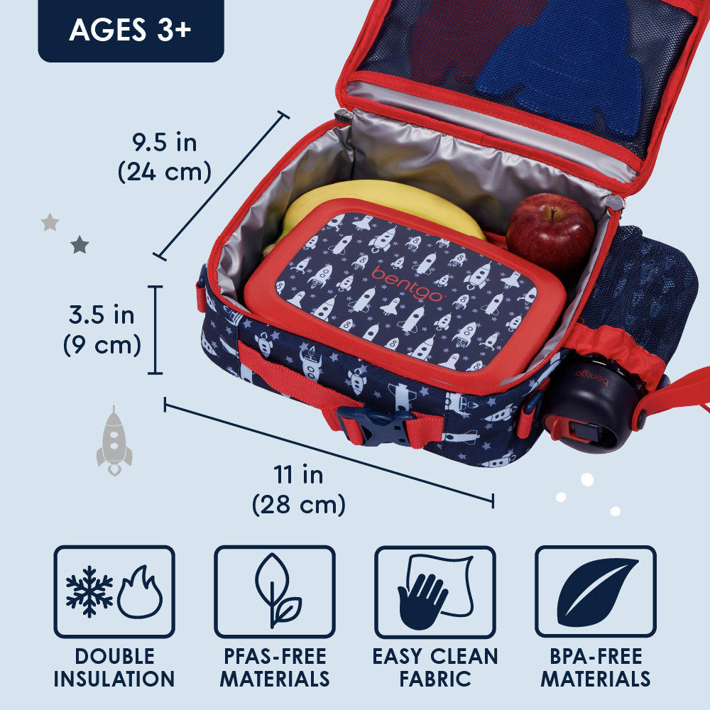 Bentgo® Kids Prints Lunch Bag - Space Rockets | Double Insulation, PFAS-FREE Materials, Easy Clean Fabric, And BPA-Free Materials