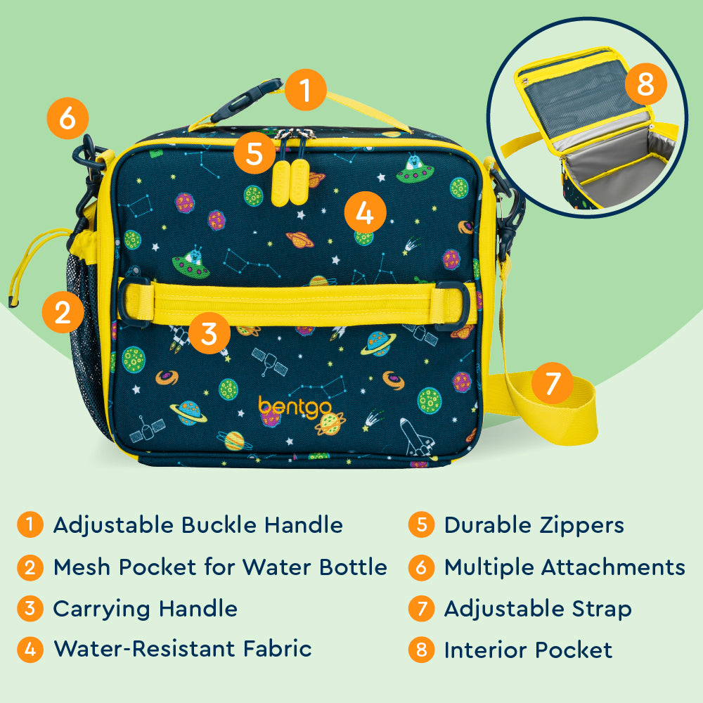 Bentgo® Kids Prints Lunch Bag - Space | Adjustable Buckle Handle, Mesh Pocket for Water Bottle, Carrying Handle, Water-Resistant Fabric, Durable Zippers, Multiple Attachments, Adjustable Strap, Interior Pocket