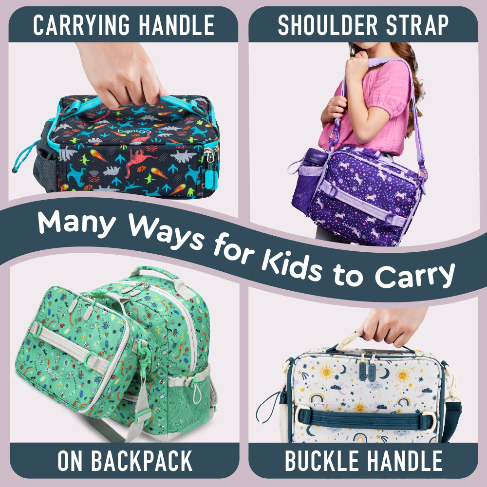 Bentgo® Kids Lunch Bag - Friendly Skies | Many Ways For Kids To Carry - Carrying Handle, Shoulder Strap, On Backpack, And Buckle Handle