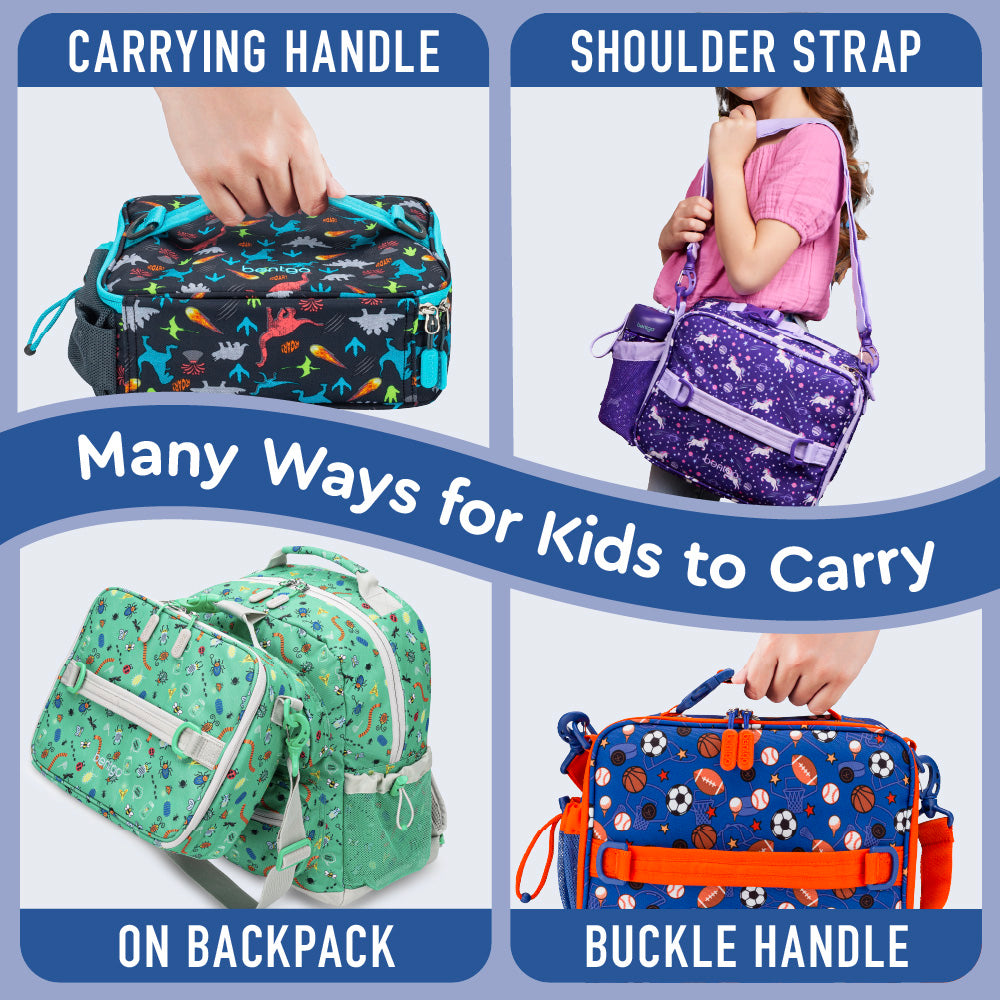 Bentgo® Kids Prints Lunch Bag - Sports | Many Ways For Kids To Carry - Carrying Handle, Shoulder Strap, On Backpack, And Buckle Handle
